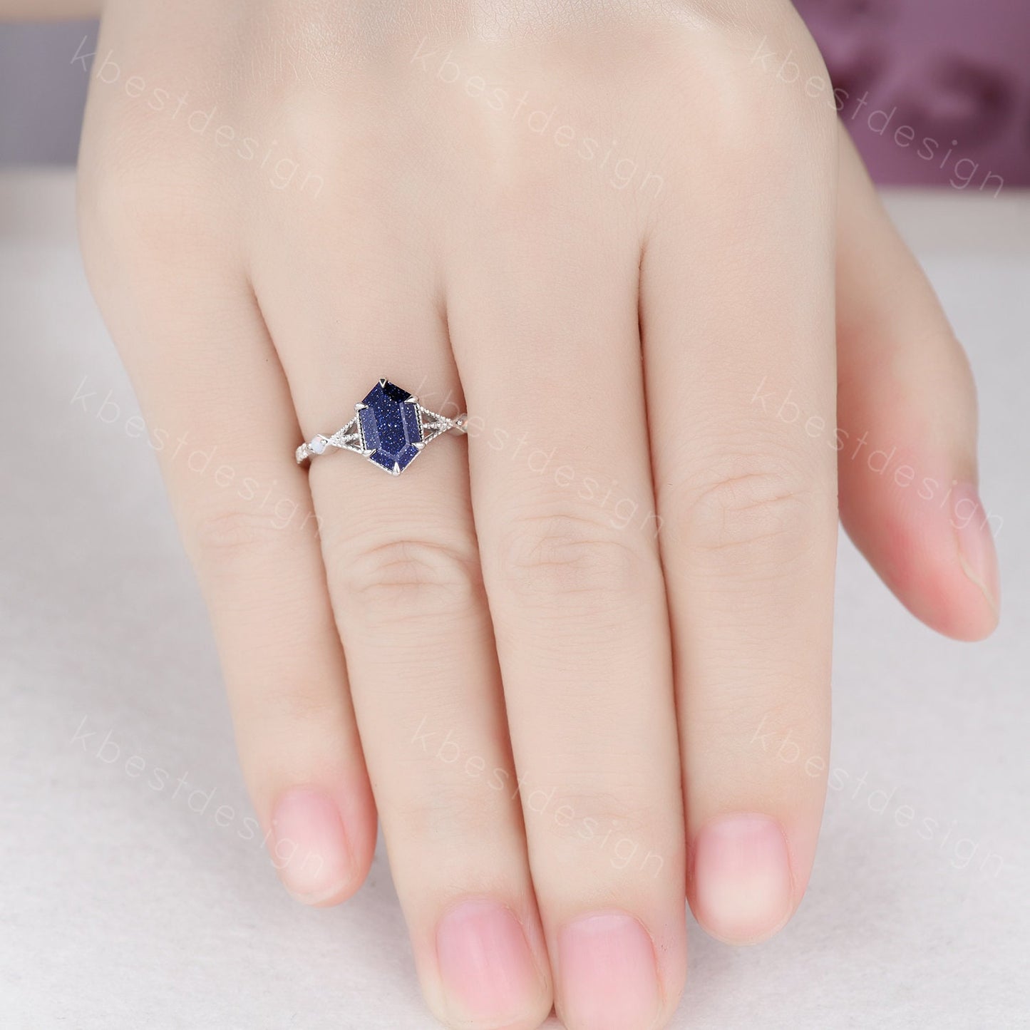 Elongated Hexagon cut Blue Sandstone Ring Art Deco Milgrain Opal Moissanite Wedding Ring Antique Multi Stone Engagement Ring Promise Ring