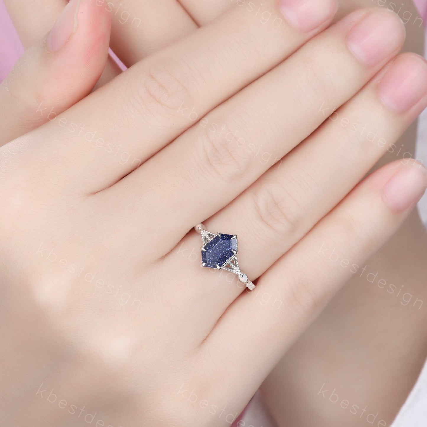 Elongated Hexagon cut Blue Sandstone Ring Art Deco Milgrain Opal Moissanite Wedding Ring Antique Multi Stone Engagement Ring Promise Ring