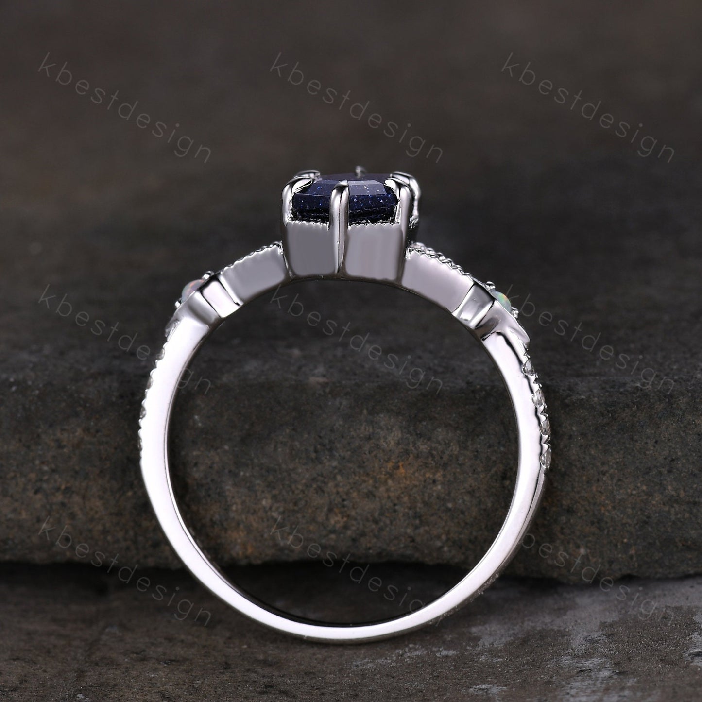 Elongated Hexagon cut Blue Sandstone Ring Art Deco Milgrain Opal Moissanite Wedding Ring Antique Multi Stone Engagement Ring Promise Ring