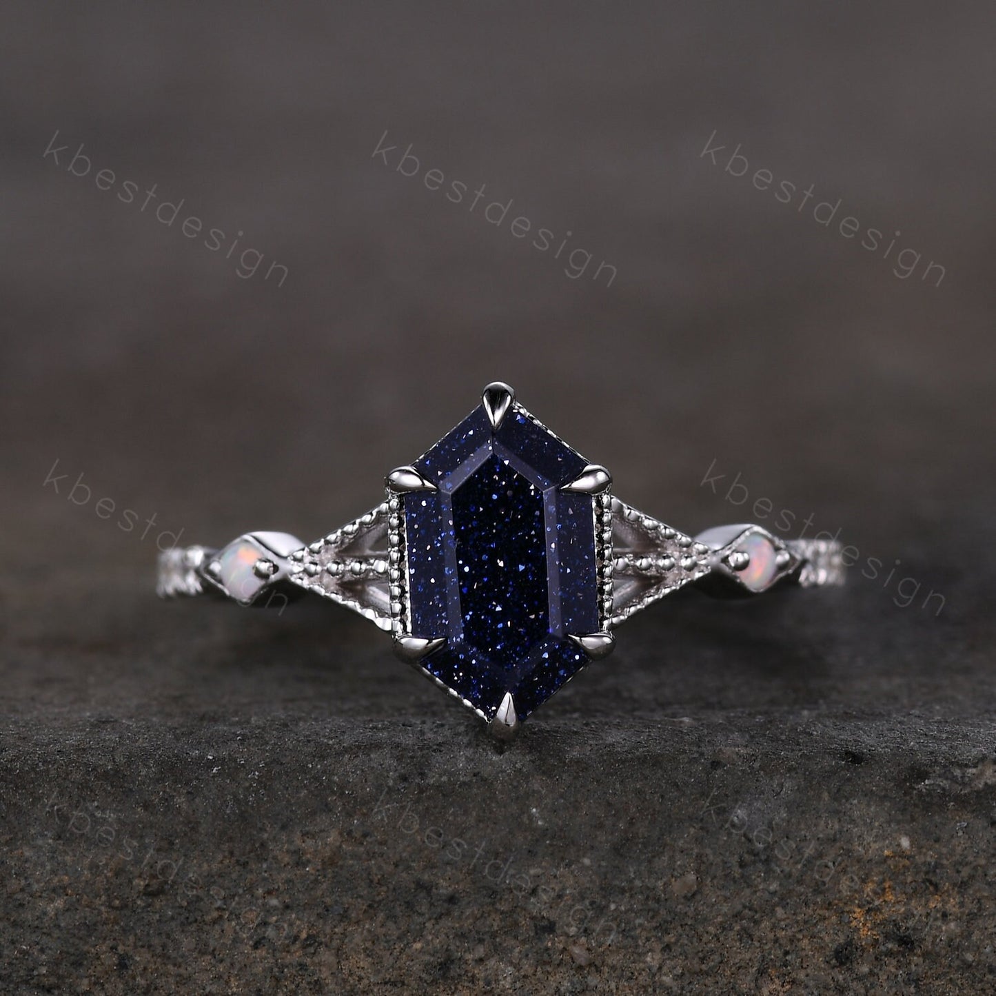 Elongated Hexagon cut Blue Sandstone Ring Art Deco Milgrain Opal Moissanite Wedding Ring Antique Multi Stone Engagement Ring Promise Ring