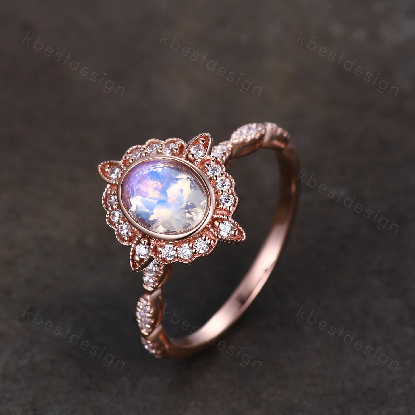 Oval cut Moonstone engagement ring rose gold ring for women vintage unique moissanite wedding ring rainbow moonstone ring Promise ring