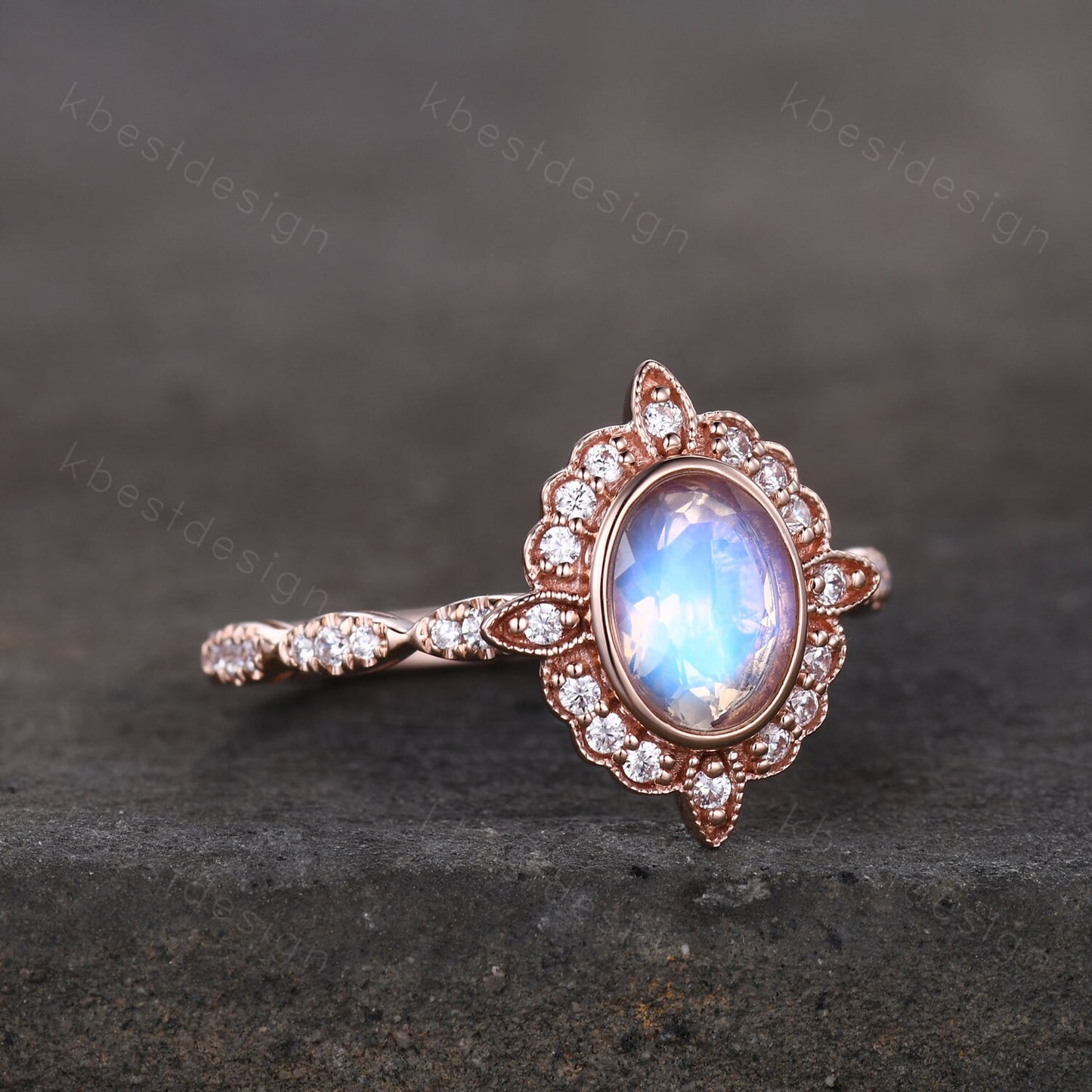 Oval cut Moonstone engagement ring rose gold ring for women vintage unique moissanite wedding ring rainbow moonstone ring Promise ring