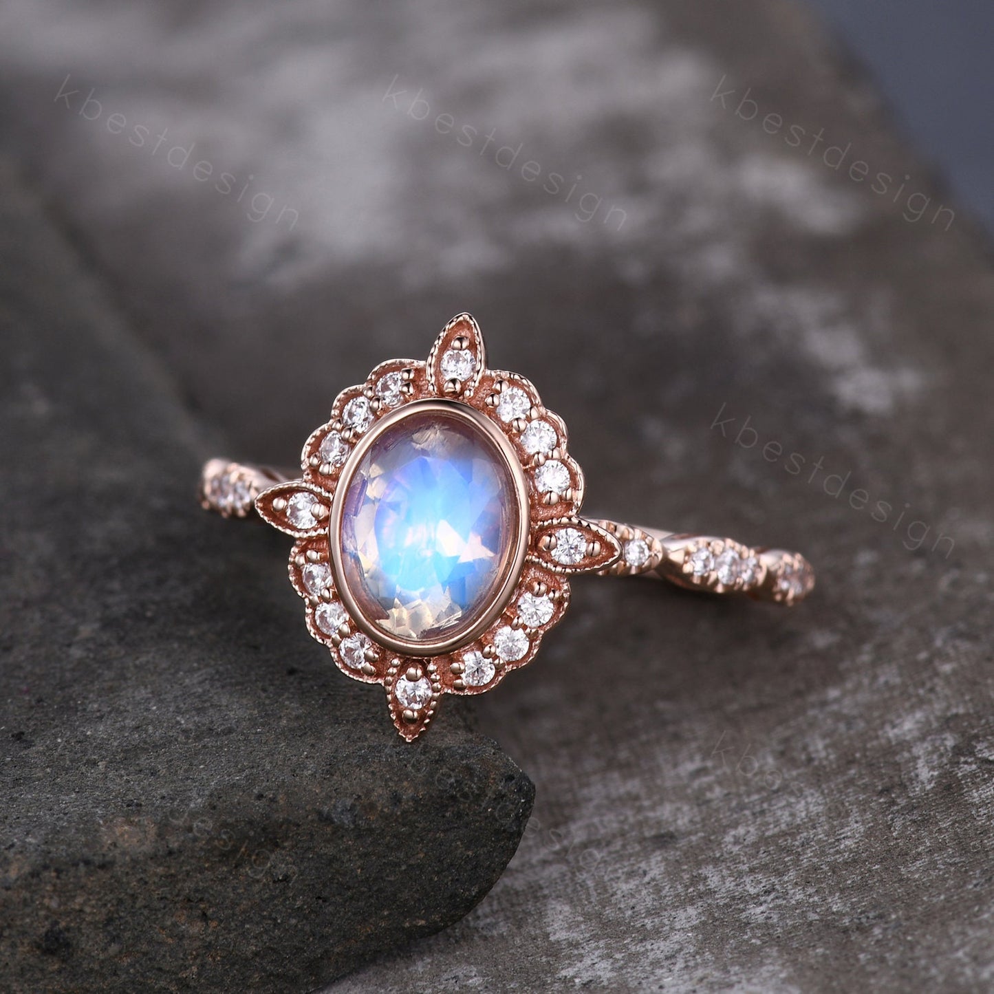 Oval cut Moonstone engagement ring rose gold ring for women vintage unique moissanite wedding ring rainbow moonstone ring Promise ring