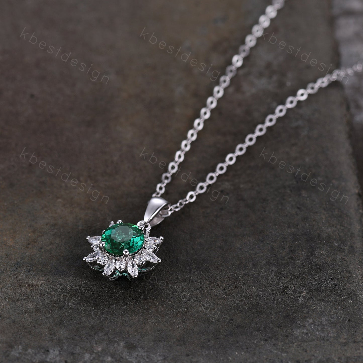 Round cut green emerald necklace solid 14k 18k white gold vintage unique Personalized pendant women moissanite anniversary bridal gift