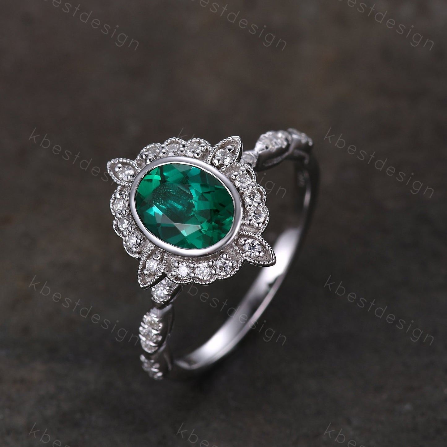 Vintage oval cut green emerald ring white gold unique emerald engagement ring antique milgrain moissanite wedding ring bridal promise ring