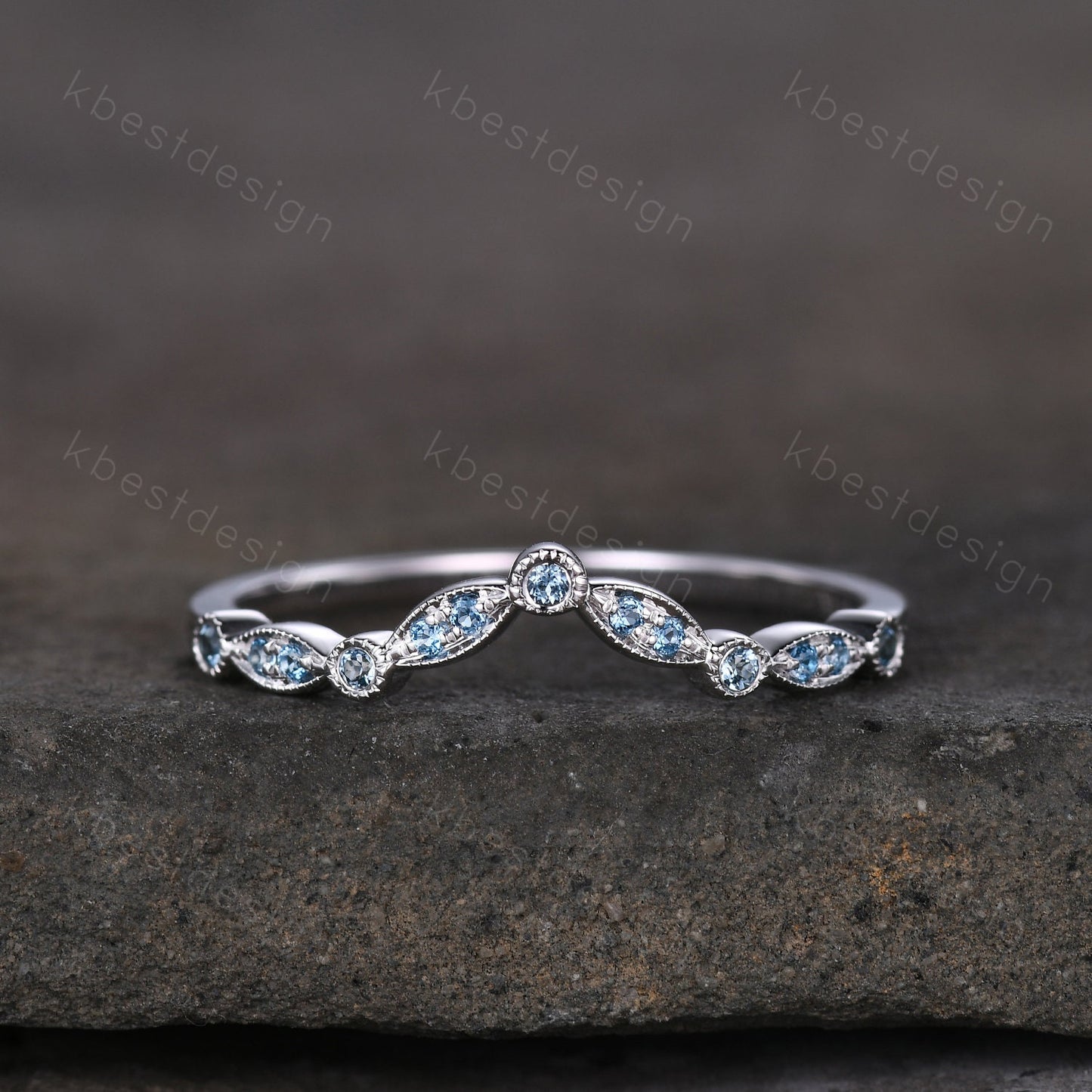 Curved Half Eternity Blue Topaz Wedding Ring Blue Gemstone Band Silver Ring Art Deco Stacking Matching Band Dainty Anniversary Gift