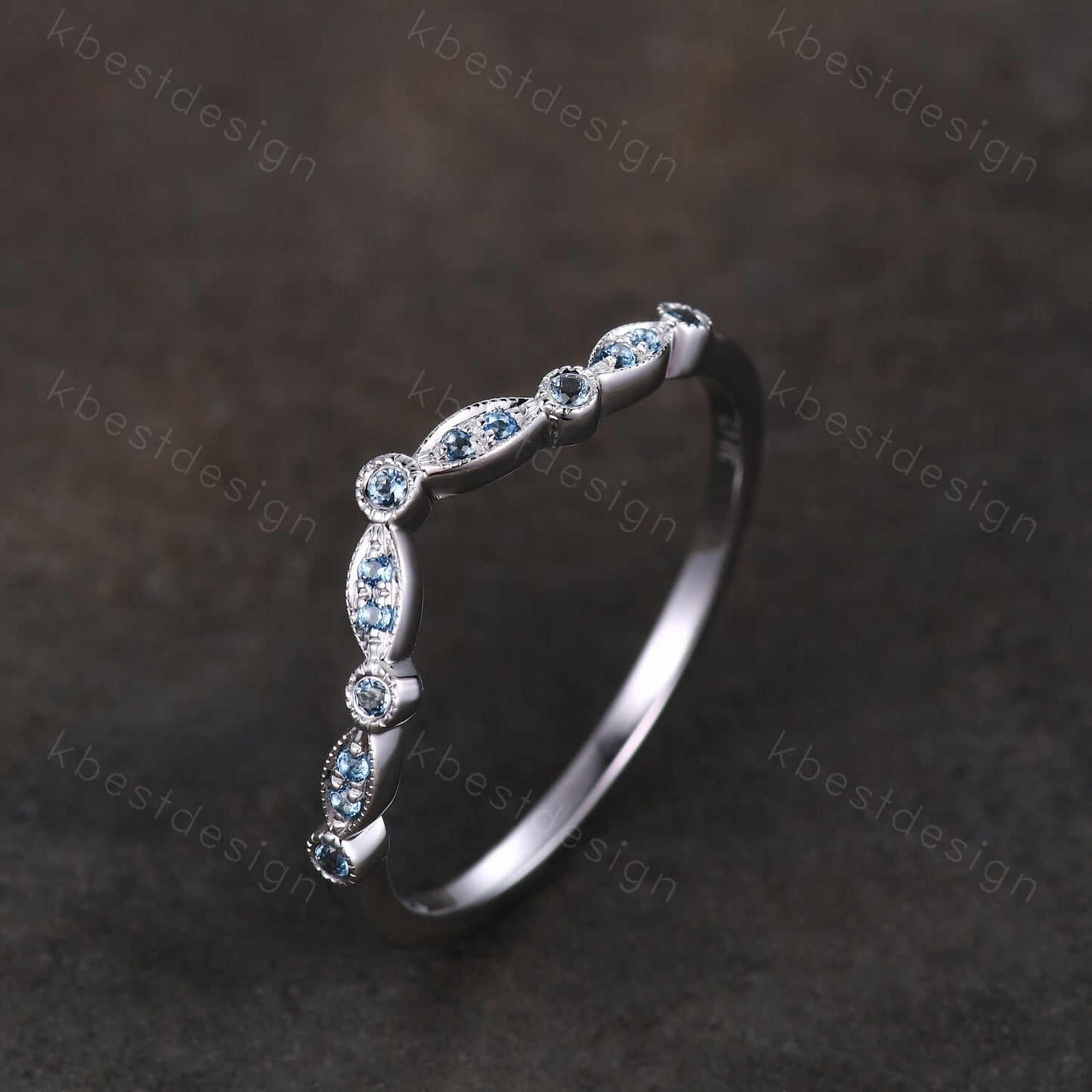 Curved Half Eternity Blue Topaz Wedding Ring Blue Gemstone Band Silver Ring Art Deco Stacking Matching Band Dainty Anniversary Gift