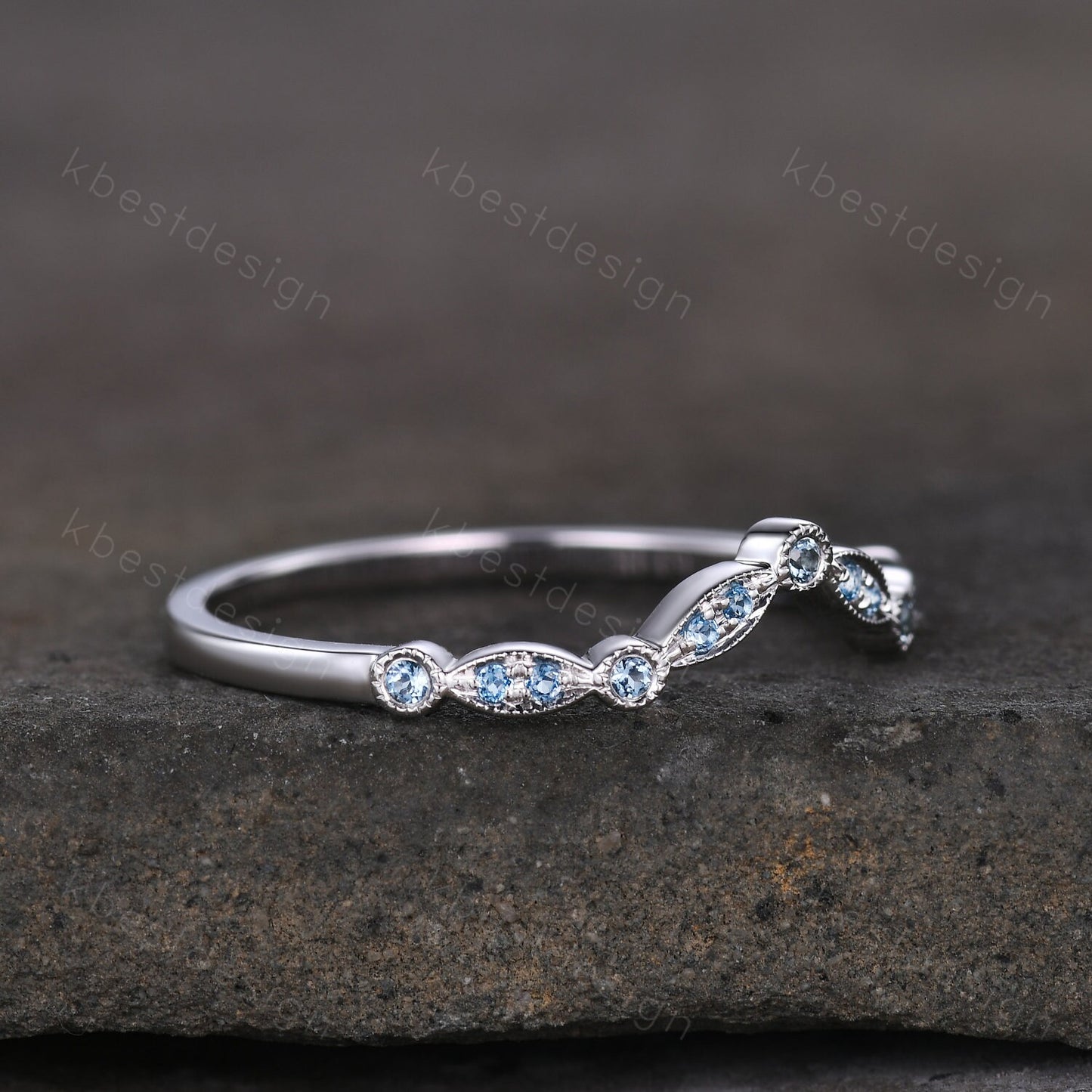 Curved Half Eternity Blue Topaz Wedding Ring Blue Gemstone Band Silver Ring Art Deco Stacking Matching Band Dainty Anniversary Gift