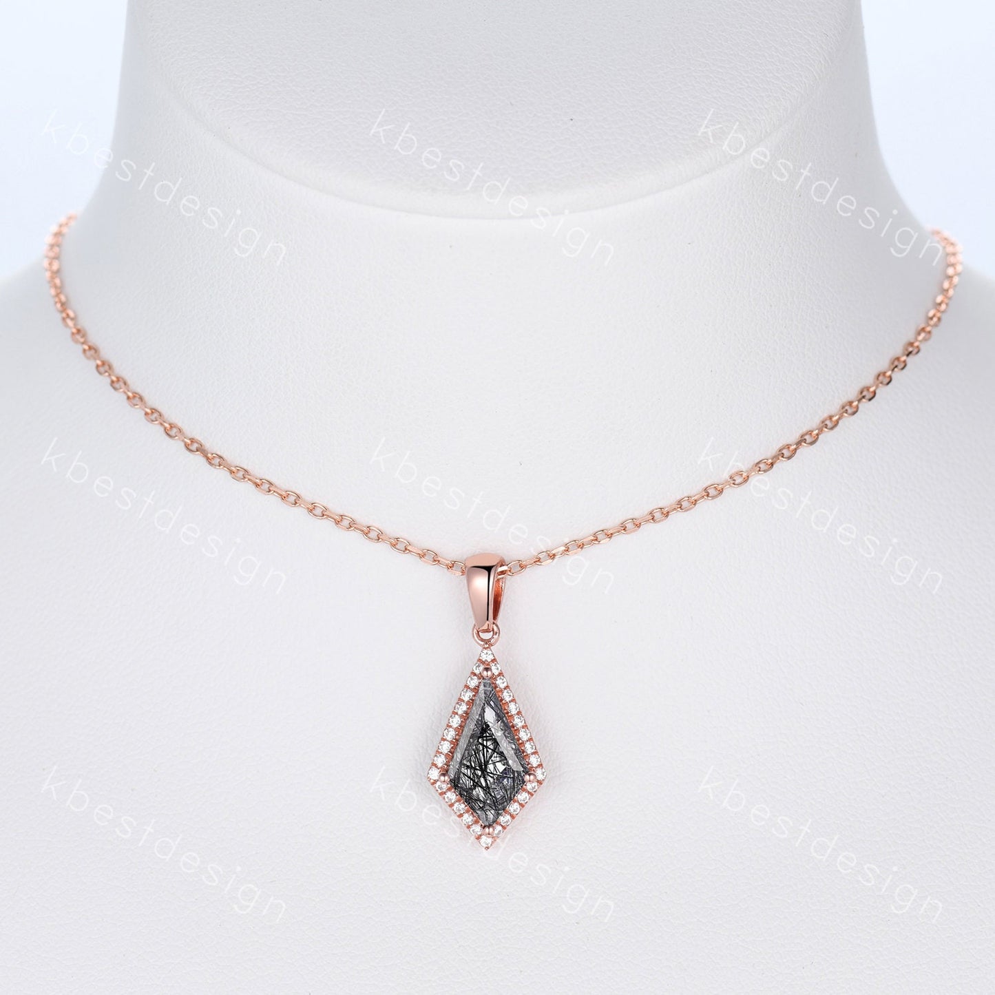 Kite cut black rutilated quartz necklace unique halo moissanite necklace pendant rose gold women black gemstone anniversary bridal gift