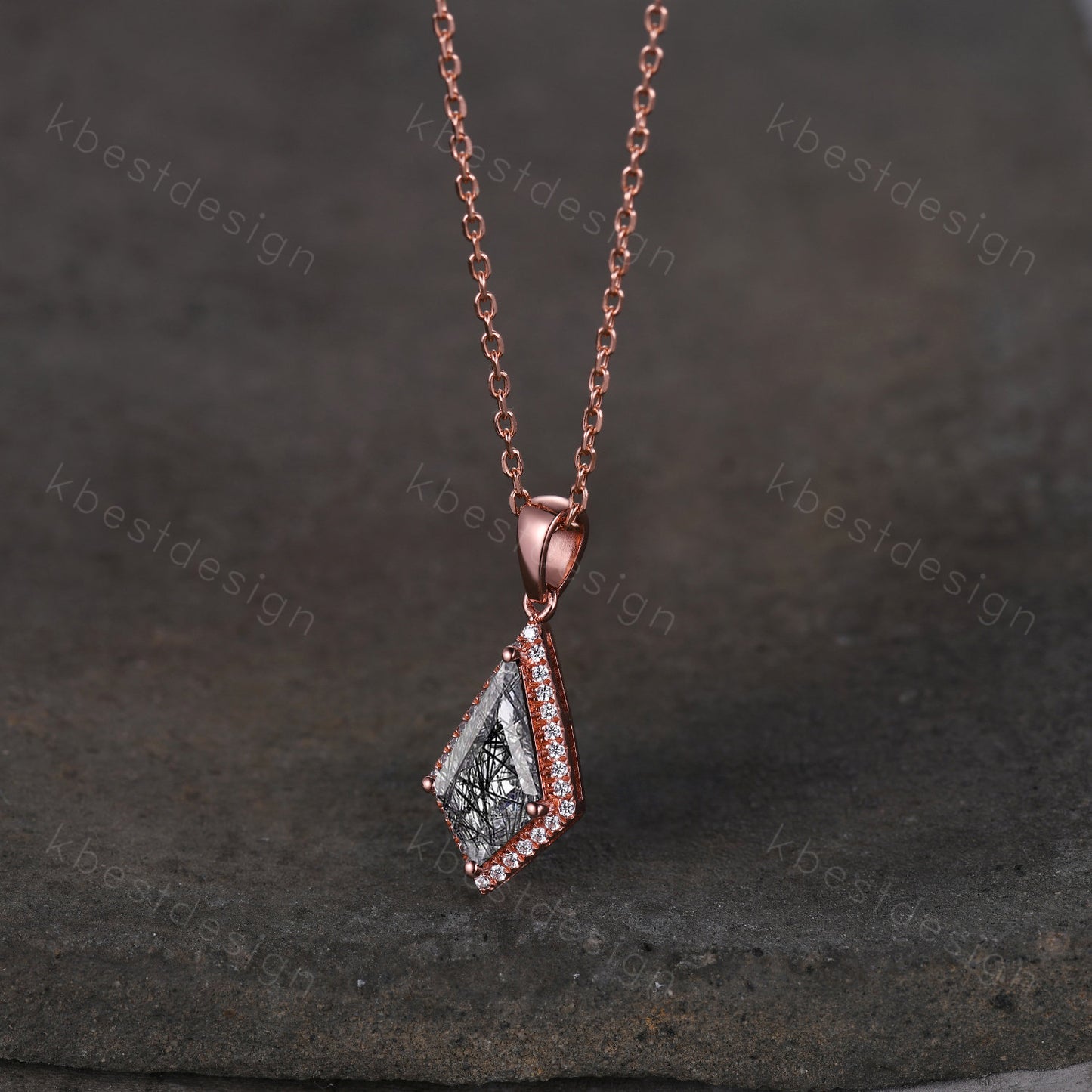 Kite cut black rutilated quartz necklace unique halo moissanite necklace pendant rose gold women black gemstone anniversary bridal gift