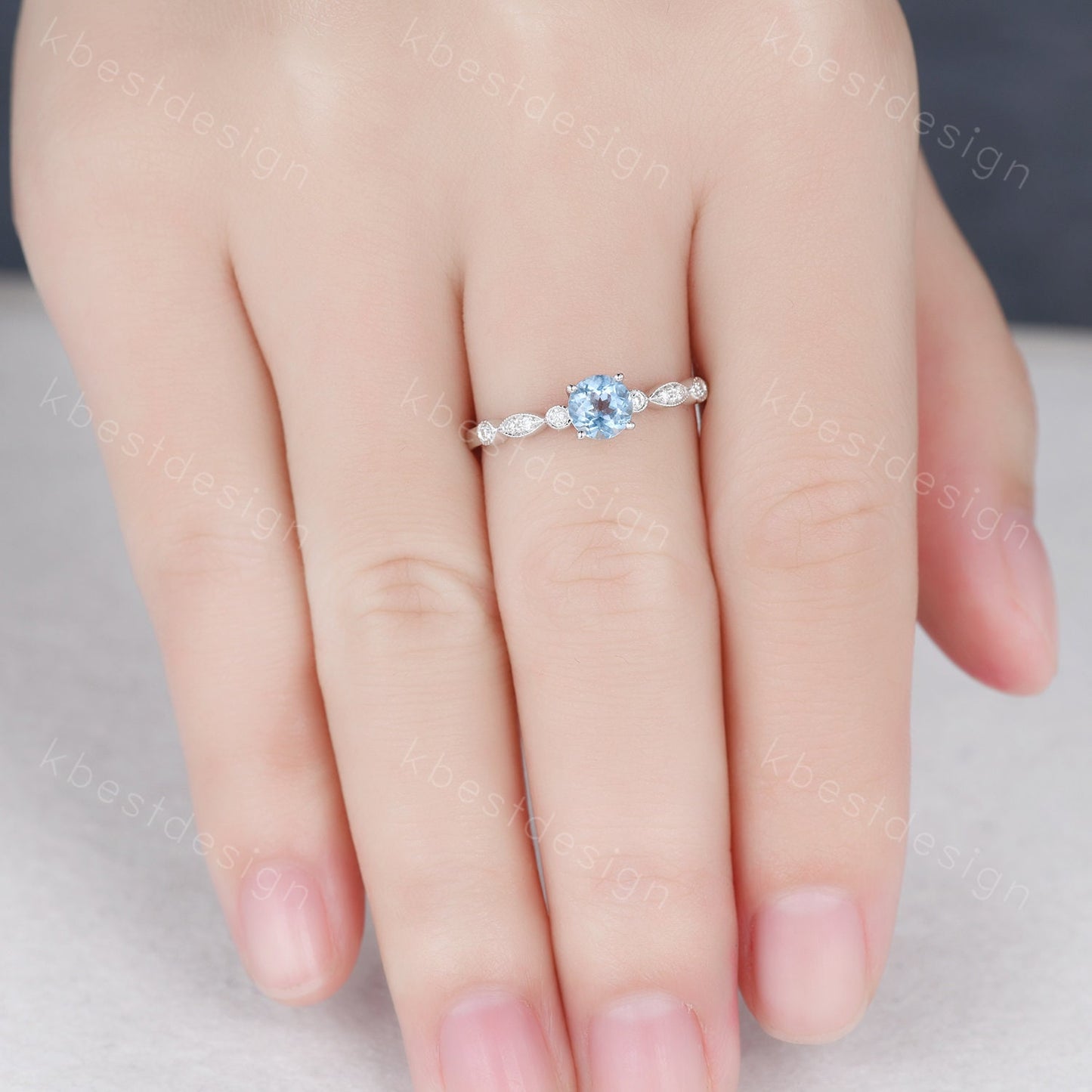 Dainty 5mm round cut blue topaz ring silver art deco blue topaz engagement ring unique moissanite wedding ring for women promise ring