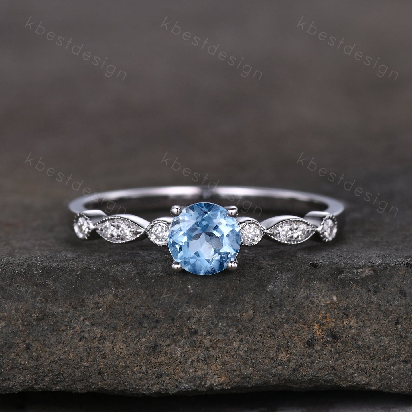 Dainty 5mm round cut blue topaz ring silver art deco blue topaz engagement ring unique moissanite wedding ring for women promise ring