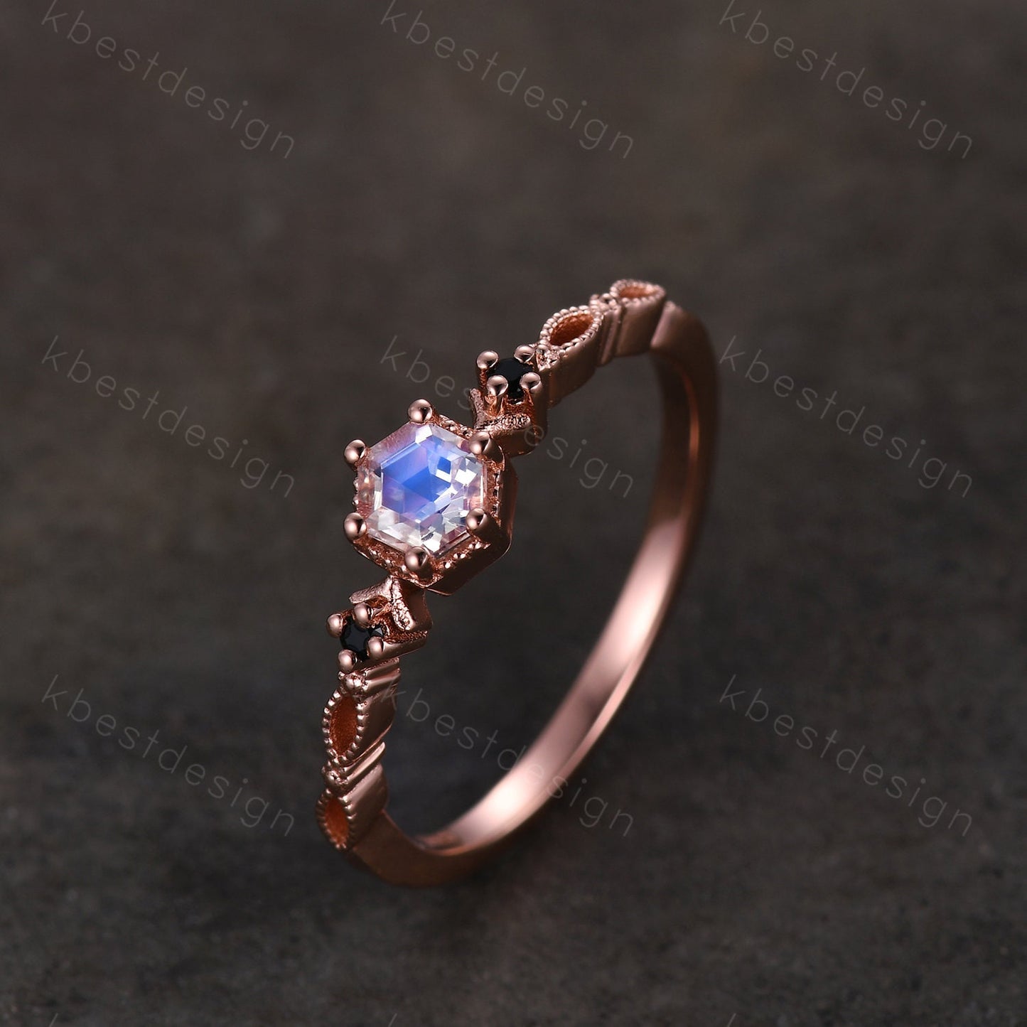Vintage hexagon cut Moonstone engagement ring 14k rose gold art deco ring three stone antique black spinel ring women anniversary ring gift