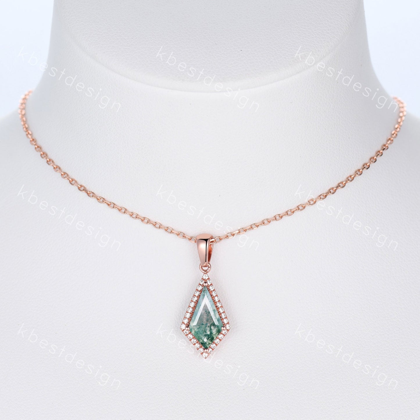 Kite cut green moss agate necklace solid 14k rose gold vintage unique customized pendant necklace for women gemstone bridal anniversary gift