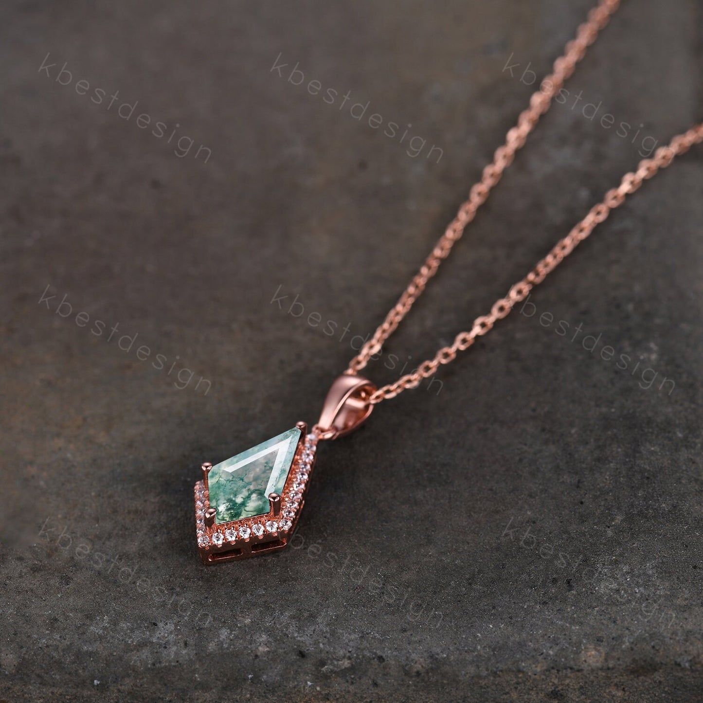 Kite cut green moss agate necklace solid 14k rose gold vintage unique customized pendant necklace for women gemstone bridal anniversary gift