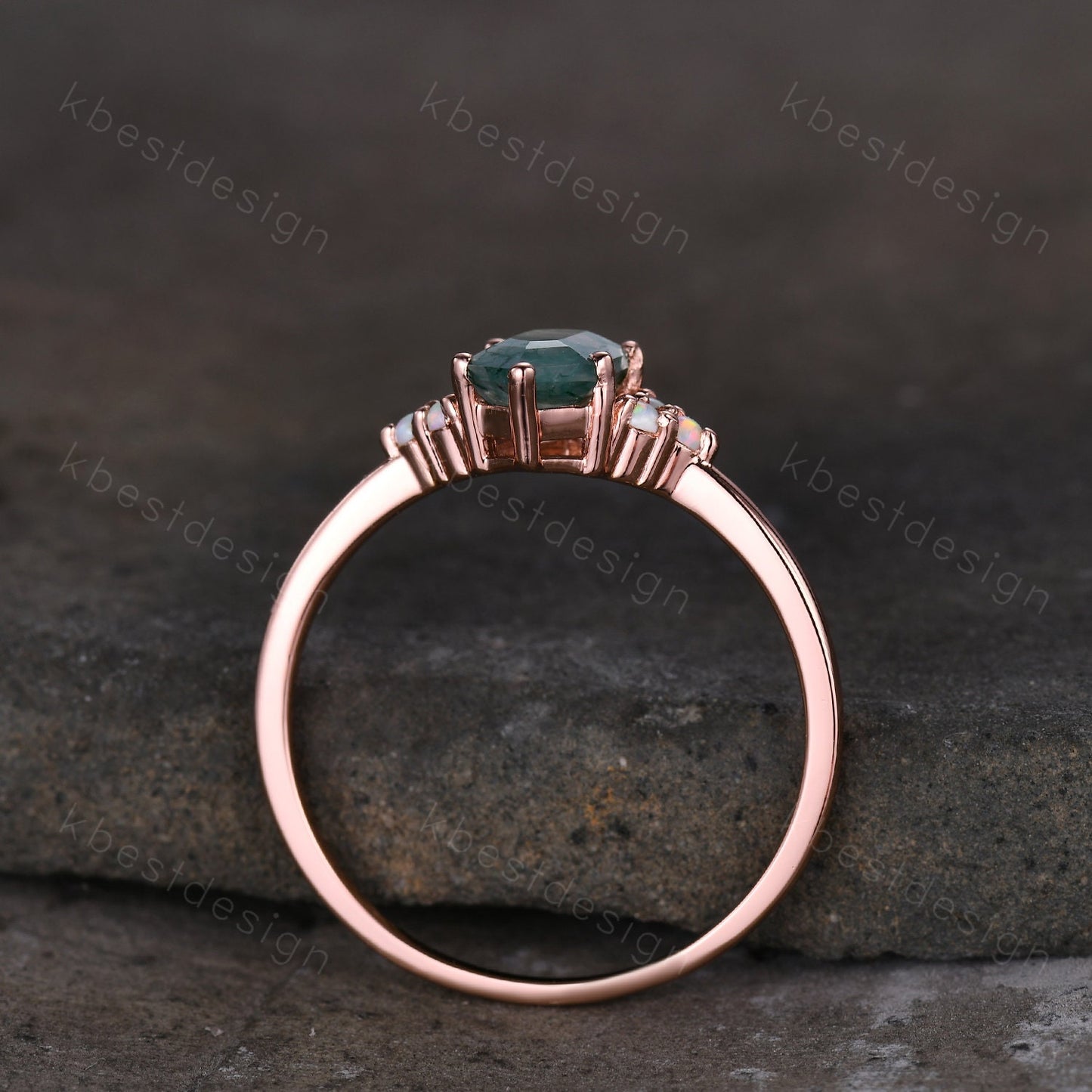 Vintage long hexagon cut Moss Agate ring Rose gold green agate engagement ring unique opal wedding ring art deco cluster bridal ring