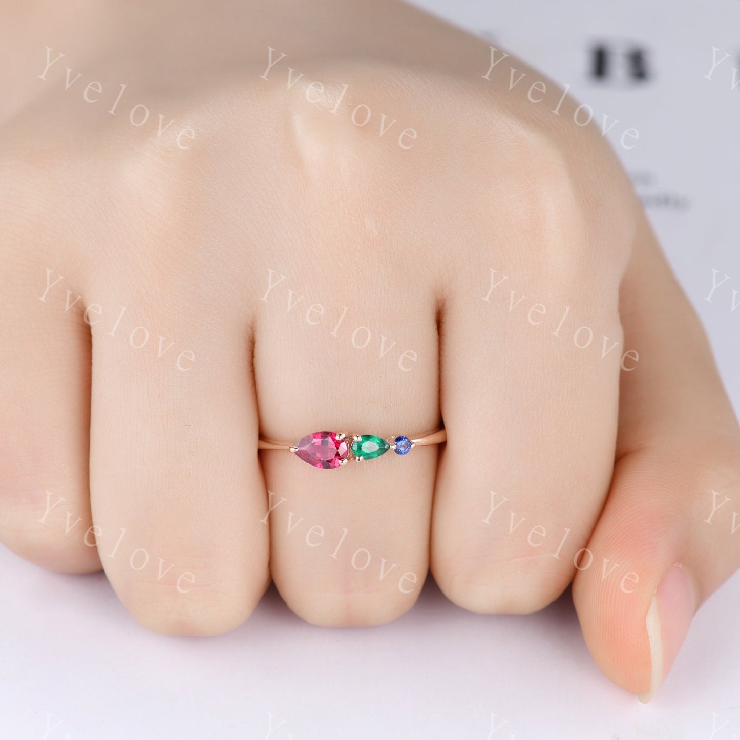 Vintage Red Ruby Engagement Ring,Pear Cut Emerald Gems,Art Deco Sapphire Wedding Band,3 Stone Unique Women Bridal Promise Ring,Custom