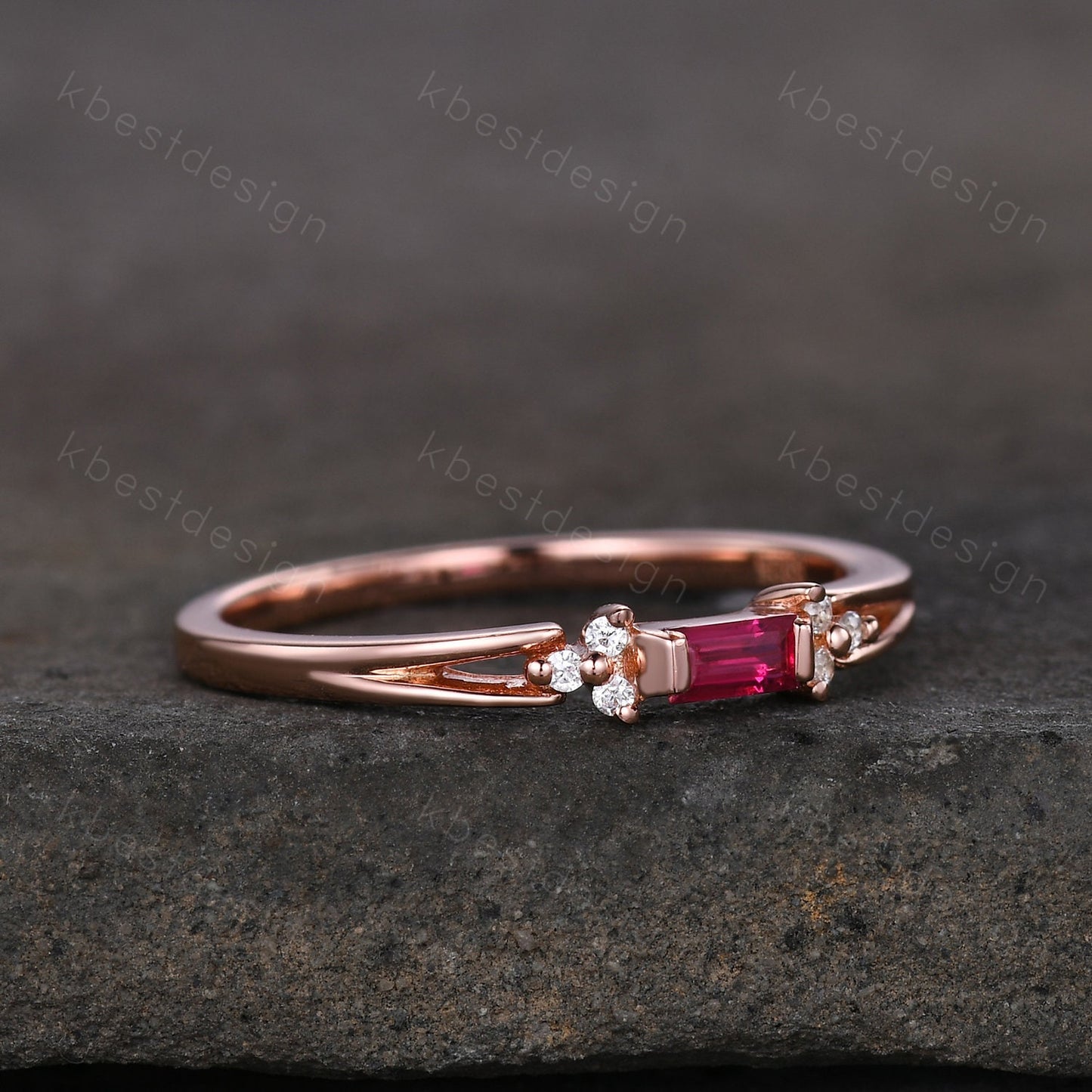 Baguette cut Ruby wedding band delicate rose gold wedding band unique moissanite cluster ring minimalist bridal matching stackable band