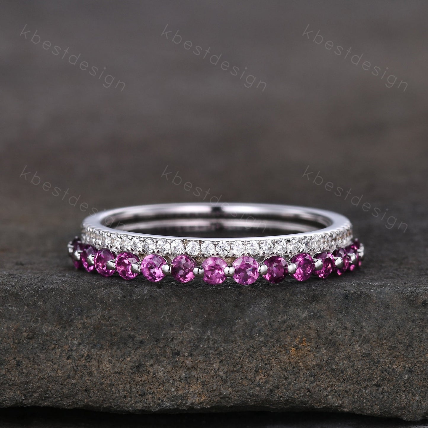 2mm Round cut pink tourmaline wedding band Vintage half eternity moissanite wedding ring Art deco bubble prong set bridal stacking band