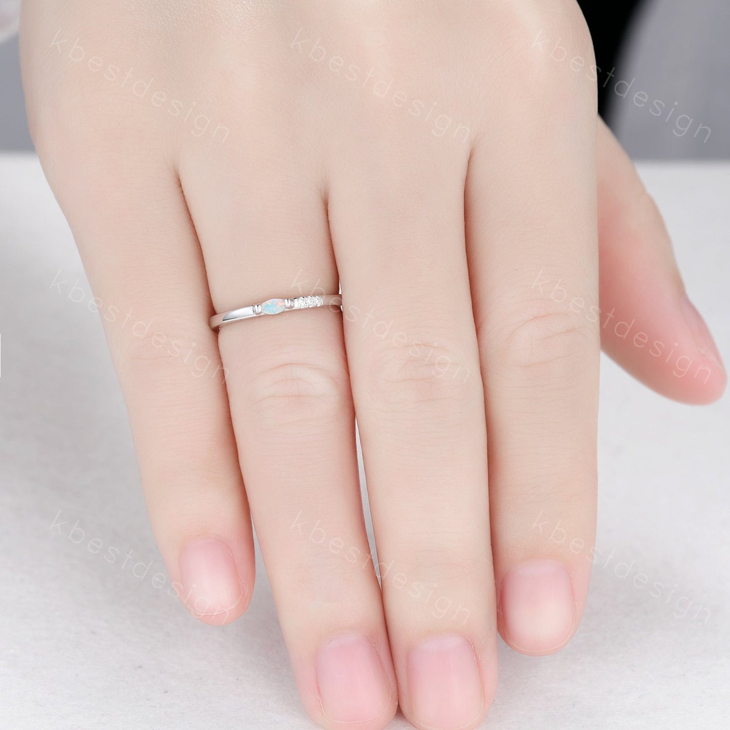 Minimalist Opal wedding band silver Moissanite band dainty marquise cut opal ring Unique stacking matching band Promise Anniversary gift