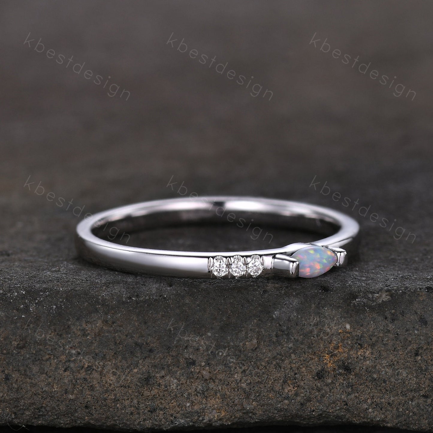 Minimalist Opal wedding band silver Moissanite band dainty marquise cut opal ring Unique stacking matching band Promise Anniversary gift