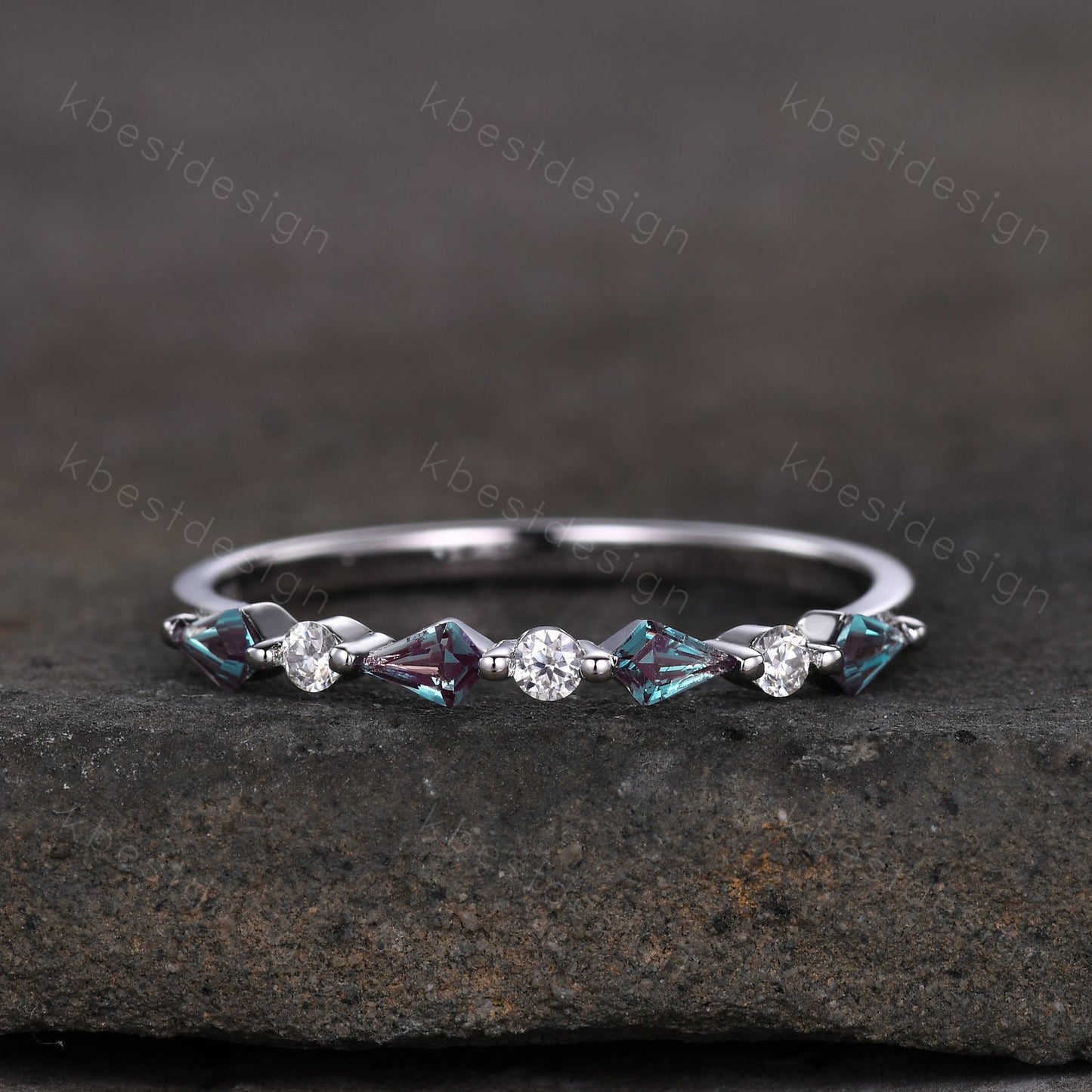 Vintage Alexandrite Wedding Band Kite cut Wedding Band Women Rose Gold Band Unique Half eternity band Delicate Stacking Band Gift for Her