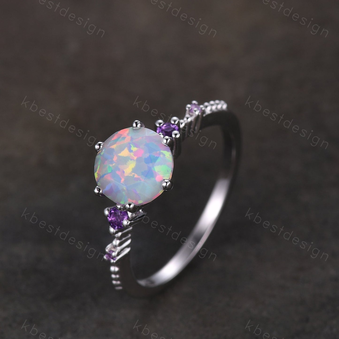 Round cut opal ring vintage white Opal engagement ring white gold Unique amethyst ring for women October birthstone ring anniversary ring
