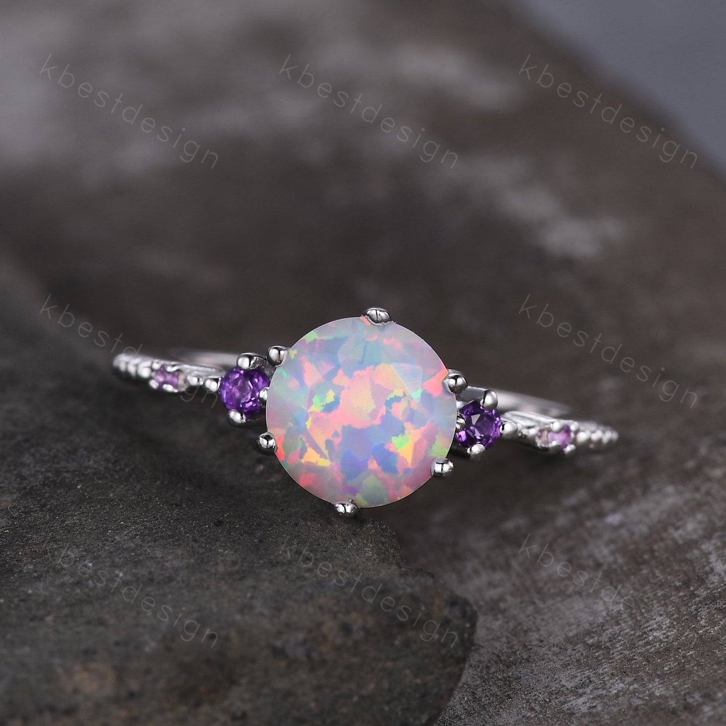 Round cut opal ring vintage white Opal engagement ring white gold Unique amethyst ring for women October birthstone ring anniversary ring