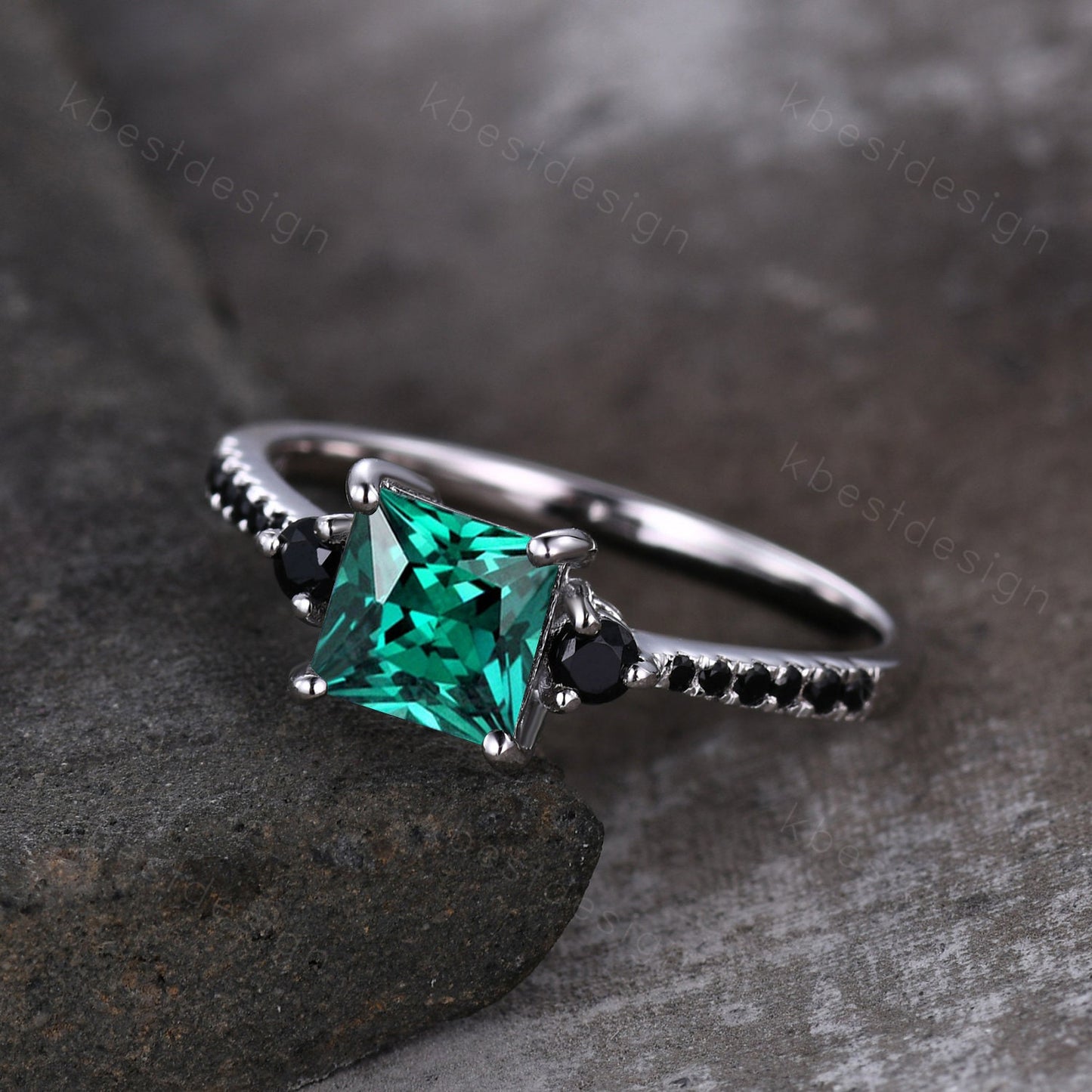 Princess Cut Green Emerald Engagement Ring Unique Black Spinel Ring Sterling Silver Ring Three stone ring May Birthstone Promise Ring
