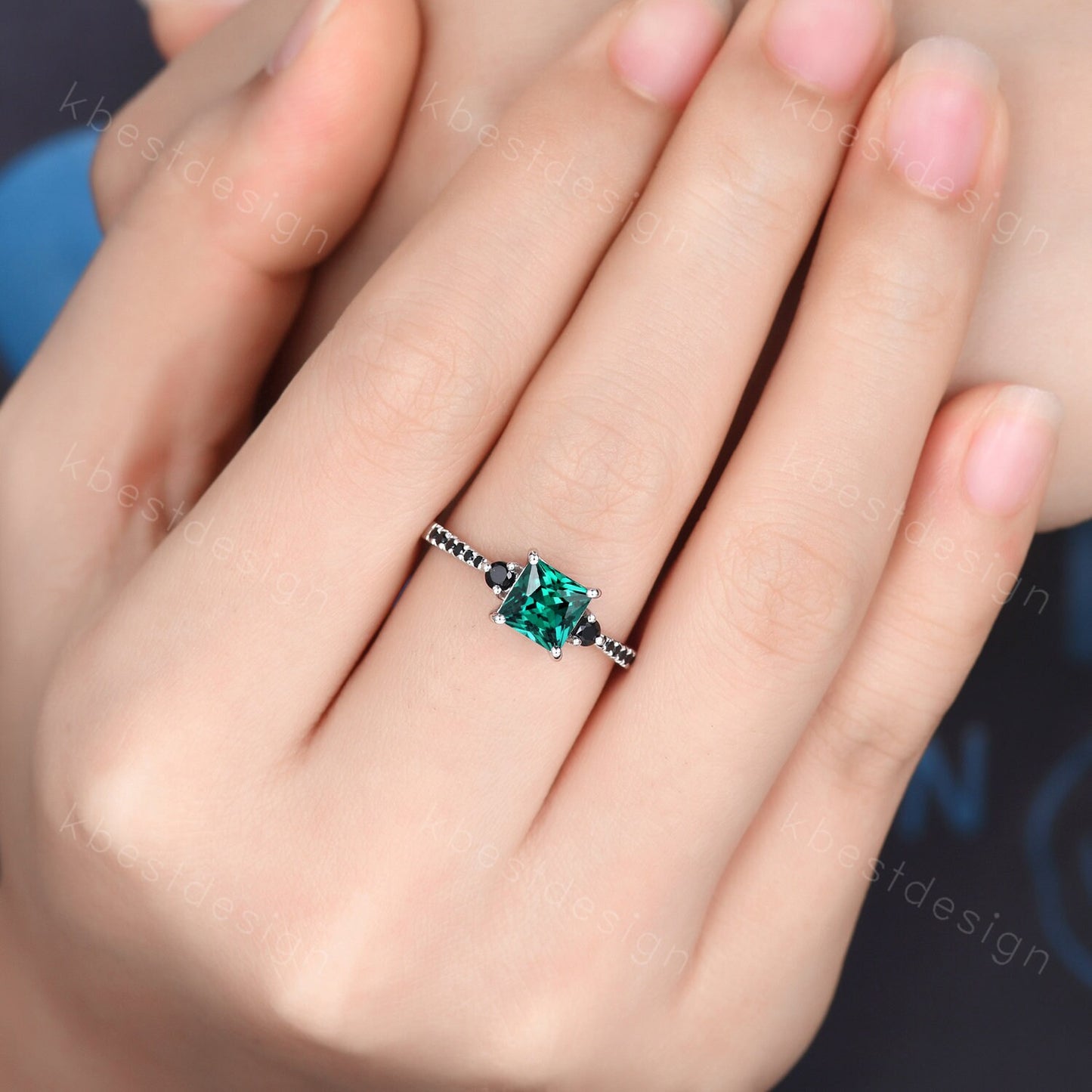 Princess Cut Green Emerald Engagement Ring Unique Black Spinel Ring Sterling Silver Ring Three stone ring May Birthstone Promise Ring