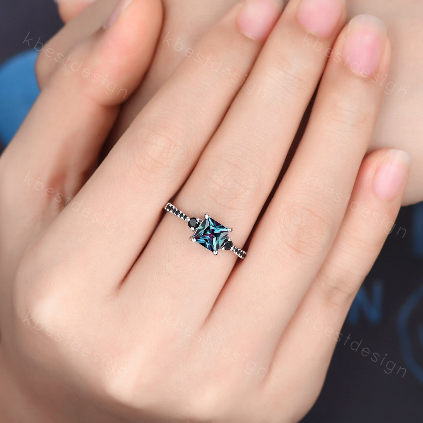 6mm princess cut Alexandrite engagement ring vintage Alexandrite ring for women unique black spinle ring 14k white gold June Birthstone ring