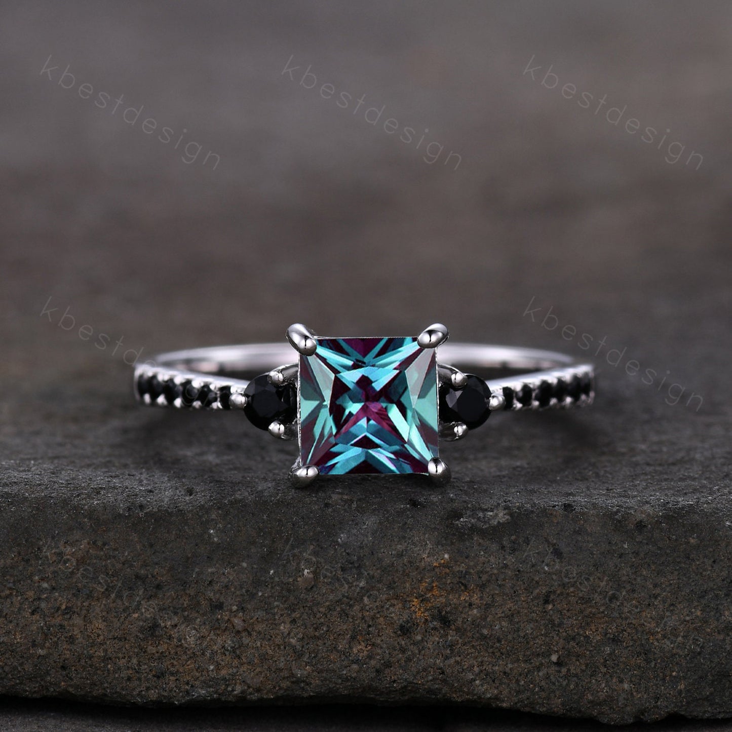 6mm princess cut Alexandrite engagement ring vintage Alexandrite ring for women unique black spinle ring 14k white gold June Birthstone ring