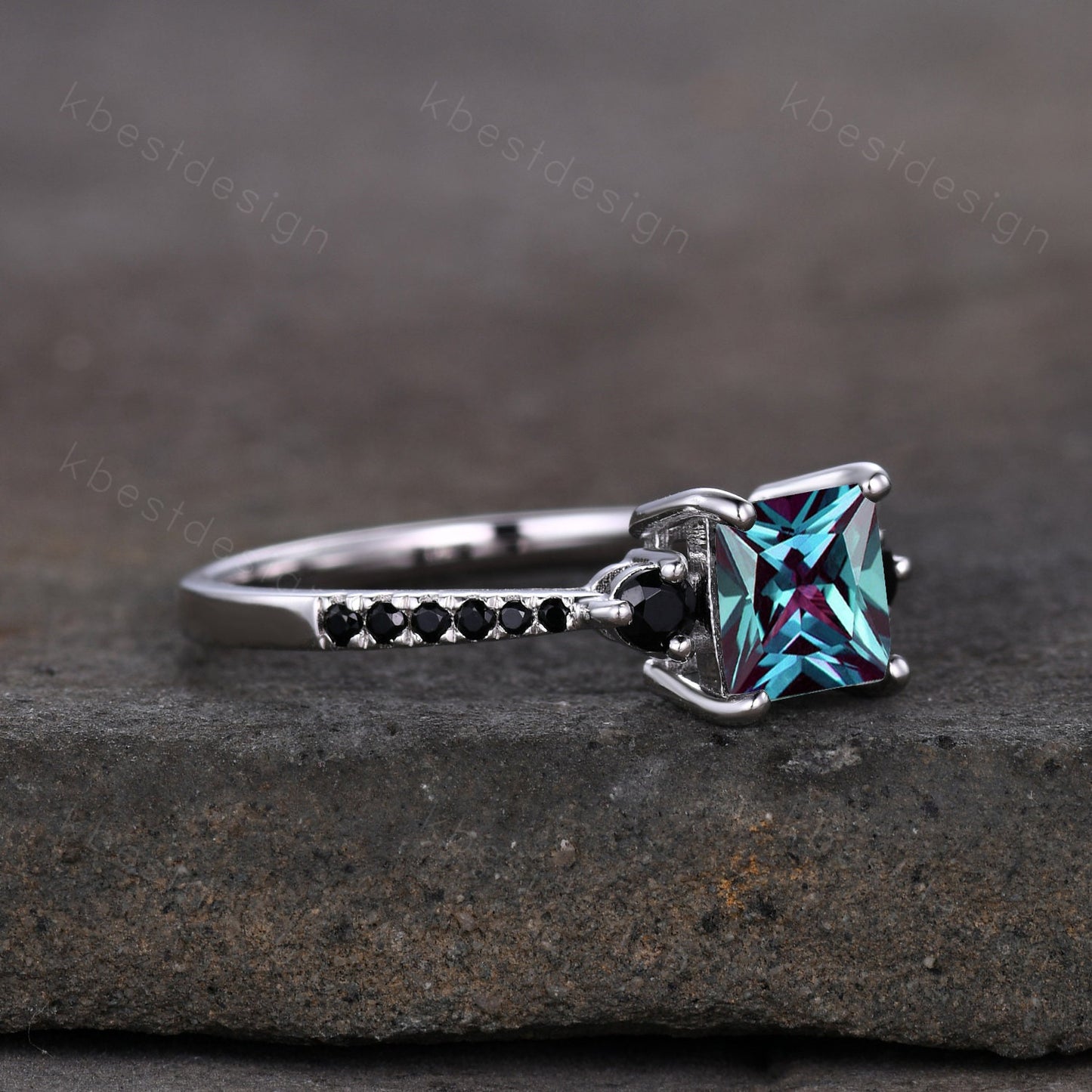 6mm princess cut Alexandrite engagement ring vintage Alexandrite ring for women unique black spinle ring 14k white gold June Birthstone ring