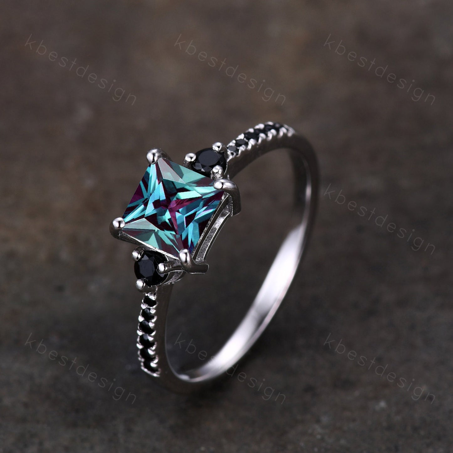 6mm princess cut Alexandrite engagement ring vintage Alexandrite ring for women unique black spinle ring 14k white gold June Birthstone ring
