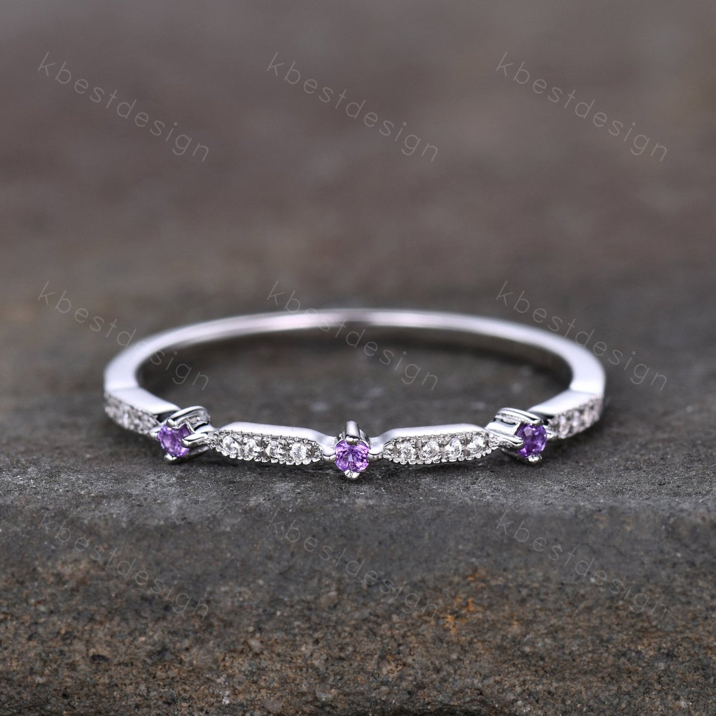 Dainty Amethyst Moissanite Wedding Band 14K Solid Gold Wedding Band Half Eternity Matching Band Stackable Minimalist Bridal Anniversary Ring