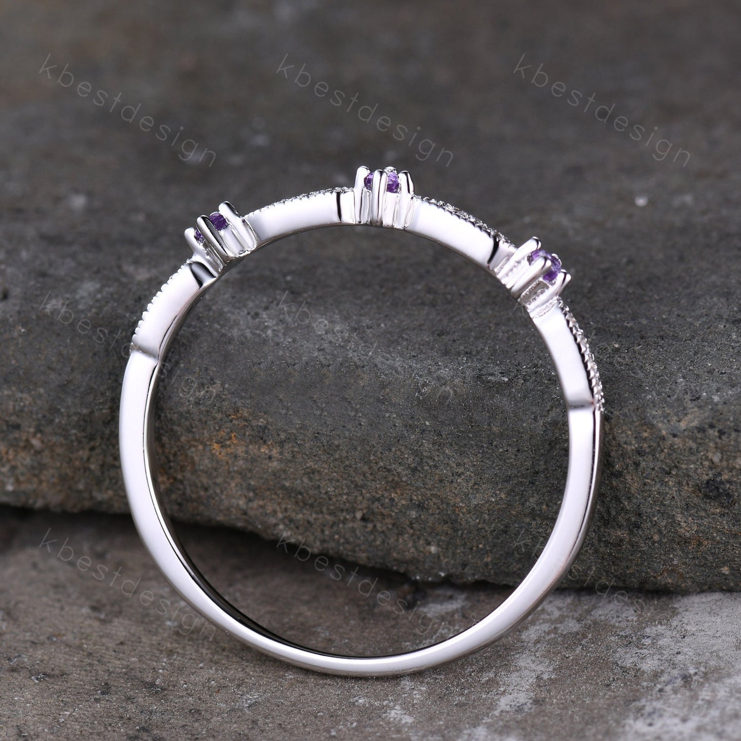 Delicate Amethyst Wedding Band Amethyst & Moissanite Wedding Band Half Eternity Matching Band Stackable Minimalist Bridal Anniversary Ring