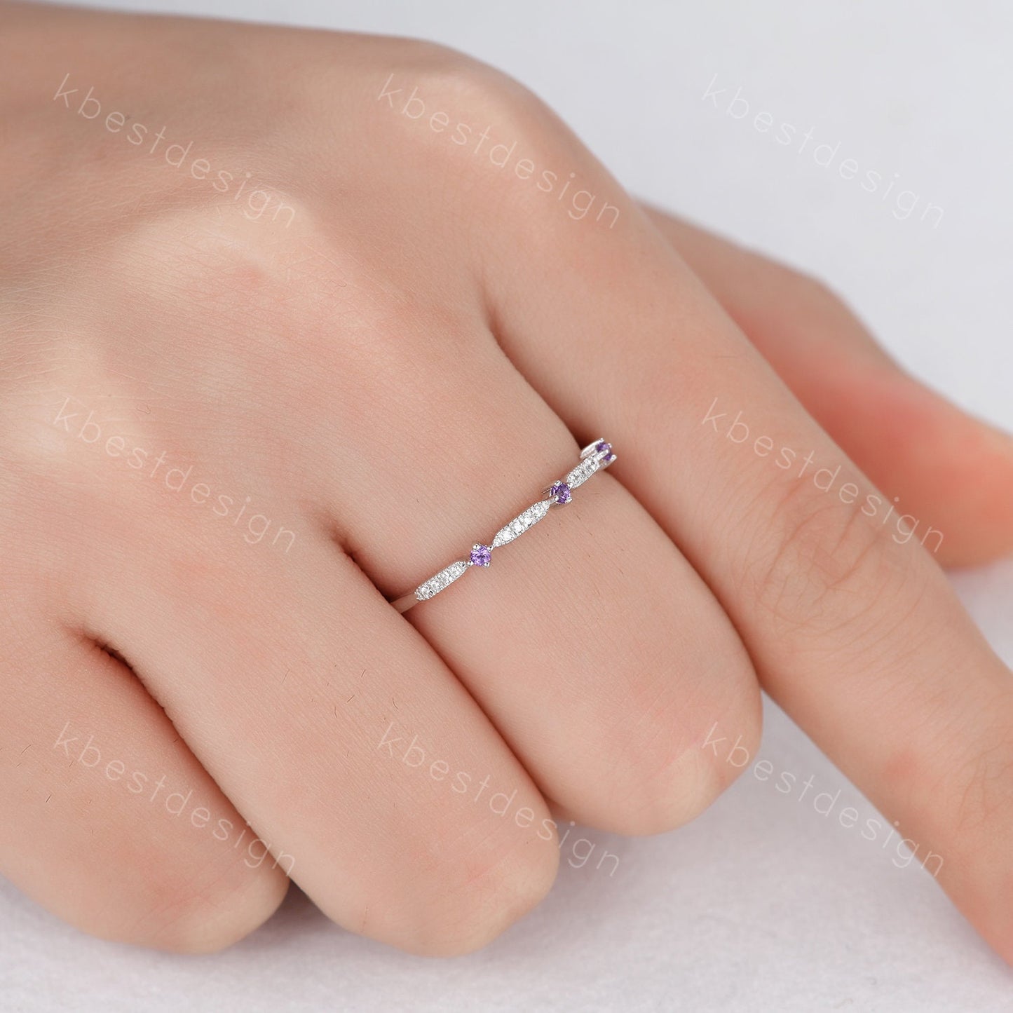 Delicate Amethyst Wedding Band Amethyst & Moissanite Wedding Band Half Eternity Matching Band Stackable Minimalist Bridal Anniversary Ring