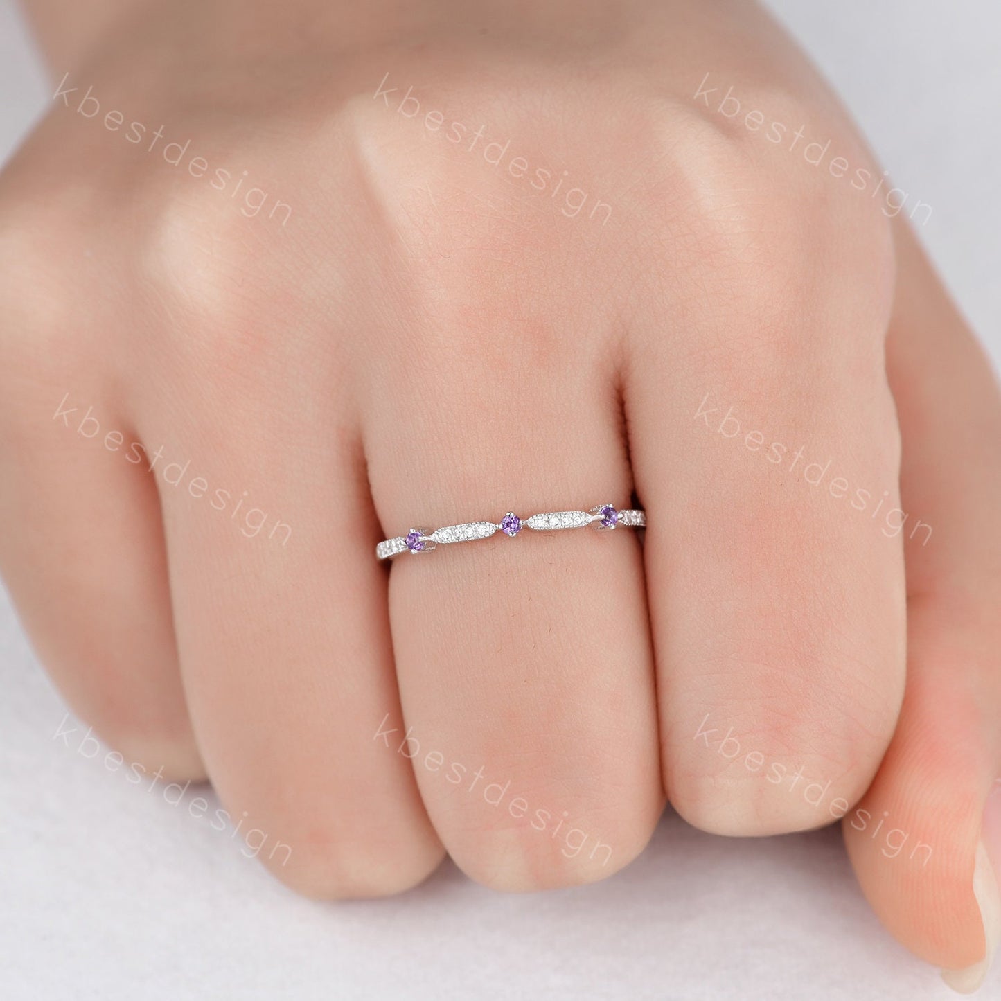 Delicate Amethyst Wedding Band Amethyst & Moissanite Wedding Band Half Eternity Matching Band Stackable Minimalist Bridal Anniversary Ring