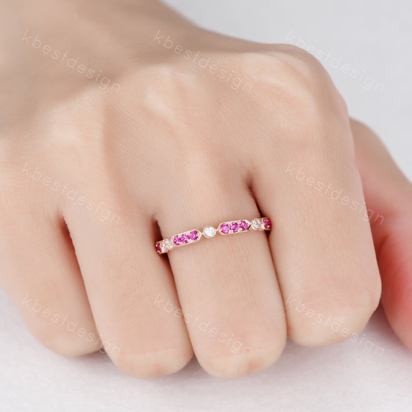 Vintage Ruby wedding band rose gold ruby moissanite wedding ring unique art deco eternity band July birthstone ring anniversary gift