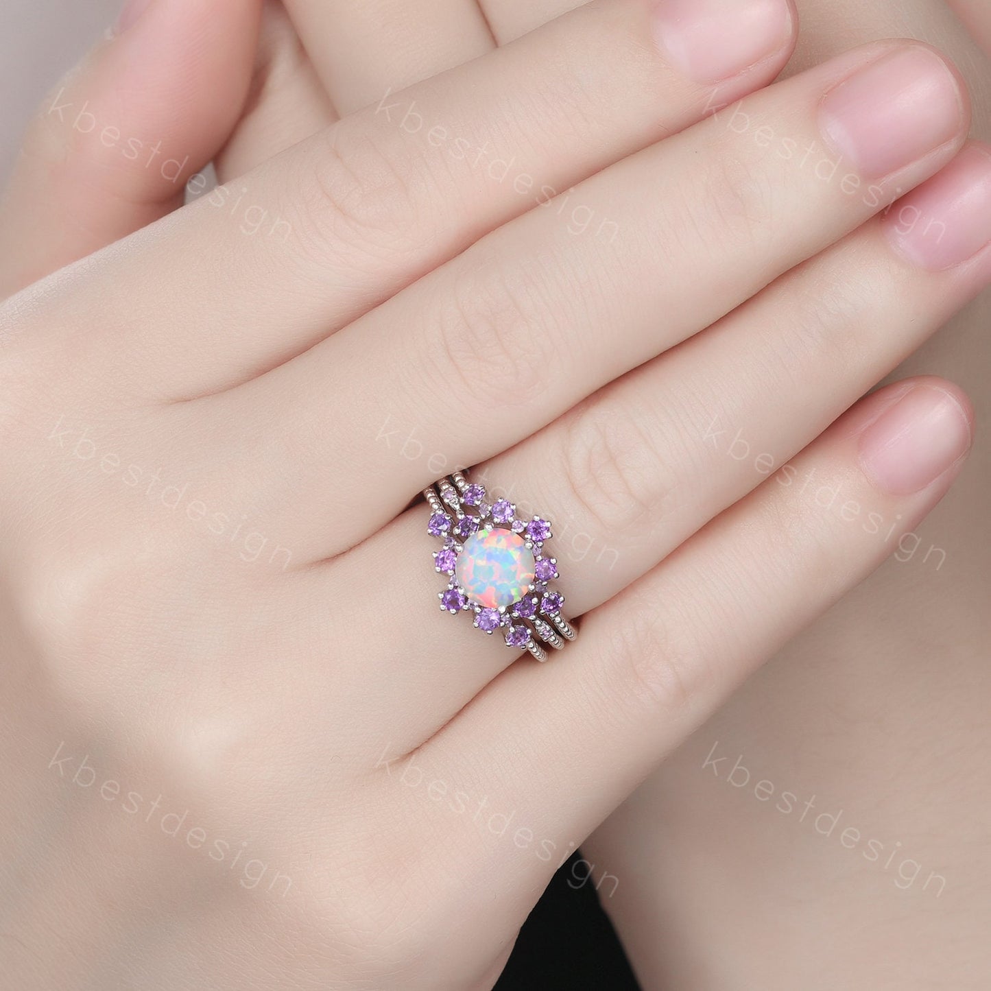3PCS White Opal Engagement Ring Set Vintage Round cut Opal Amethyst Bridal Set Unique Curved Amethyst Wedding Ring Anniversary Promise Gift