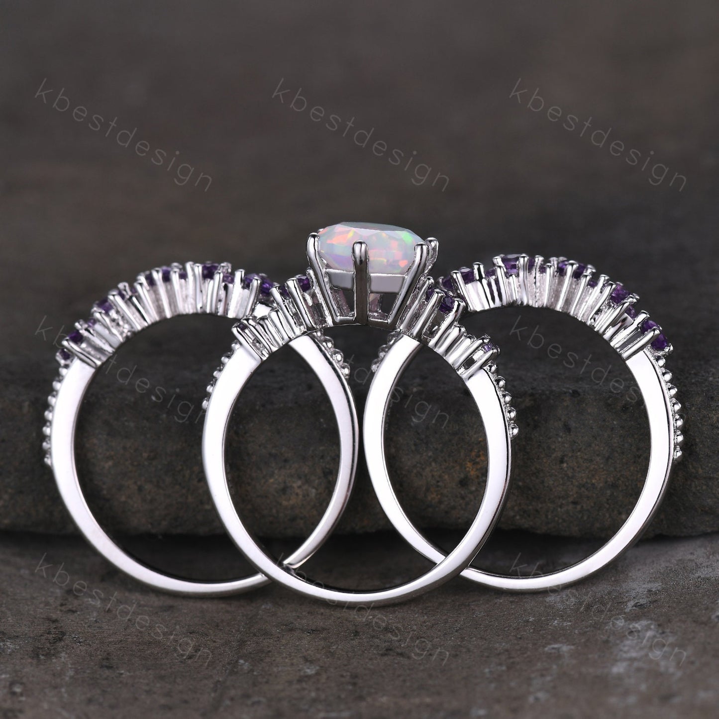 3PCS White Opal Engagement Ring Set Vintage Round cut Opal Amethyst Bridal Set Unique Curved Amethyst Wedding Ring Anniversary Promise Gift