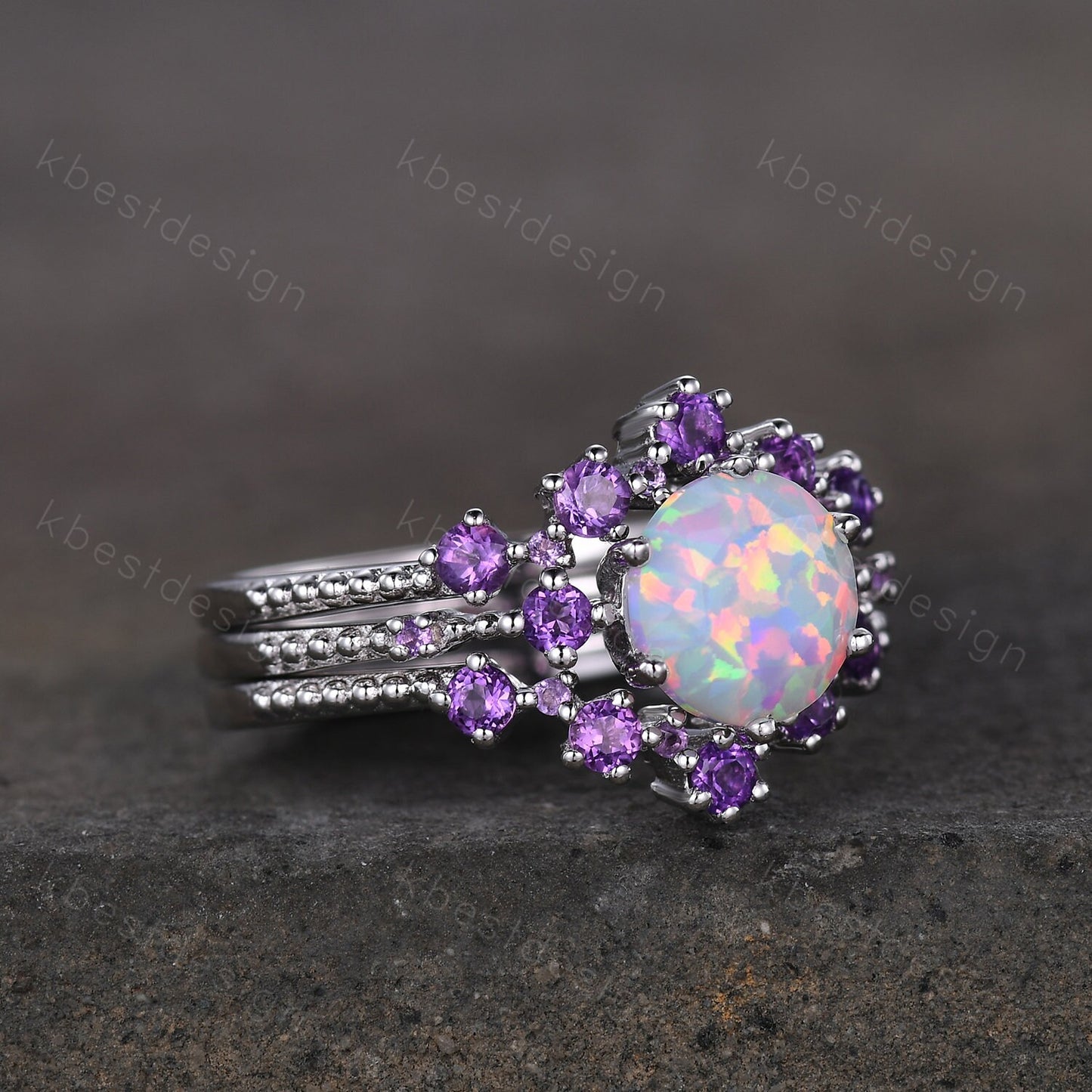 3PCS White Opal Engagement Ring Set Vintage Round cut Opal Amethyst Bridal Set Unique Curved Amethyst Wedding Ring Anniversary Promise Gift