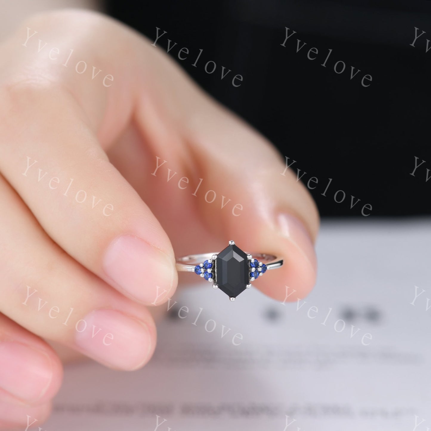 Retro hexagon Black Onyx Sapphire Ring,Vintage Silver Ring Set,Unique Black Onyx Engagement Ring,Promise Ring,Anniversary Ring Gift For Her