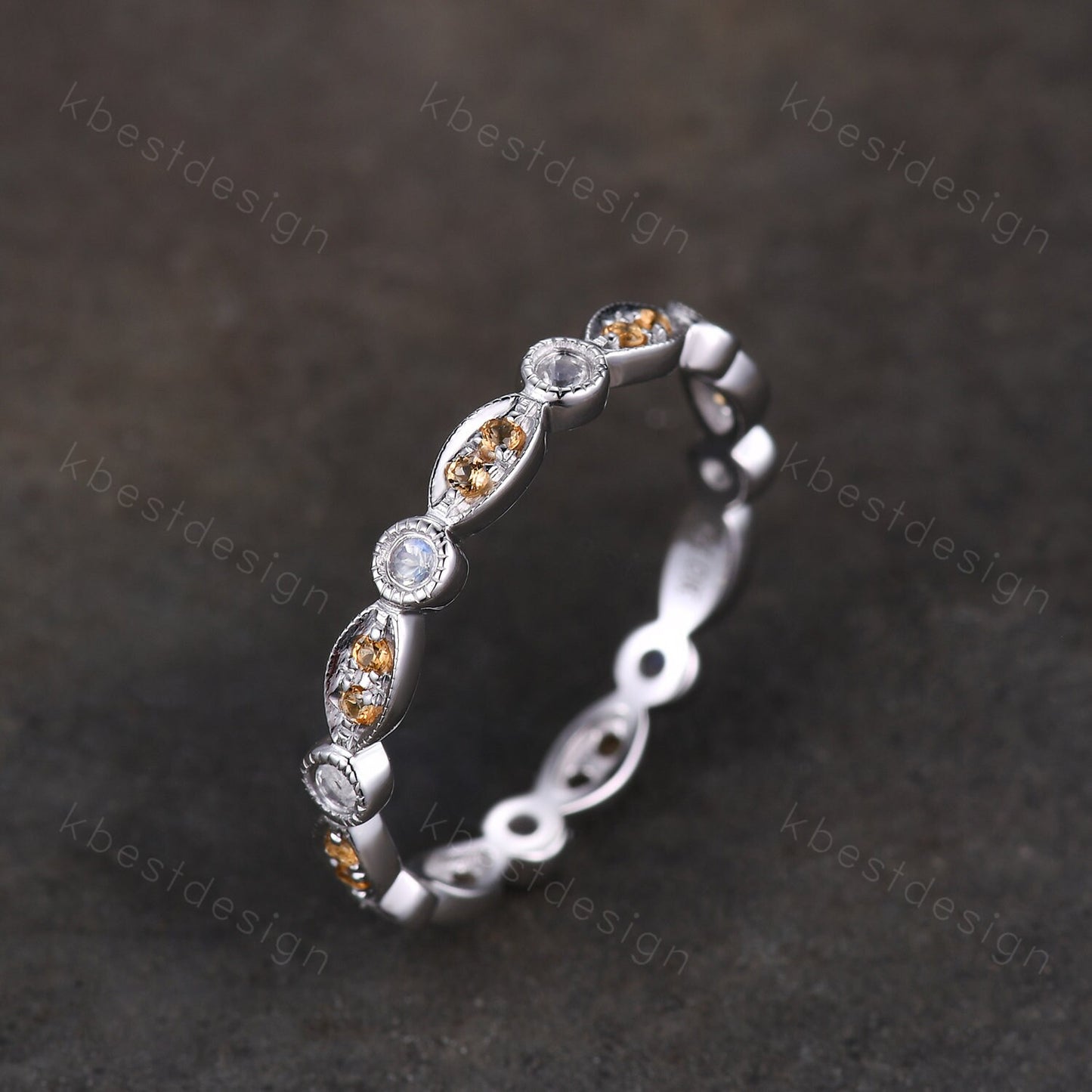 Art deco Eternity Citrine Moonstone Wedding Band Unique Silver Stacking Band Vintage Birthstone Ring Promise Anniversary Ring Personalized