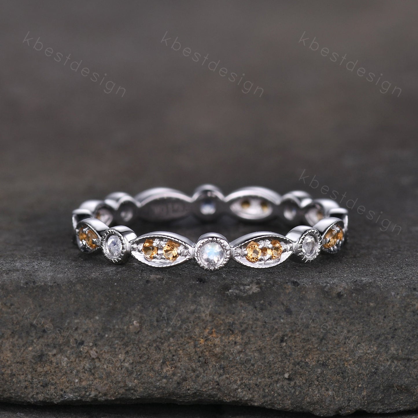 Art deco Eternity Citrine Moonstone Wedding Band Unique Silver Stacking Band Vintage Birthstone Ring Promise Anniversary Ring Personalized