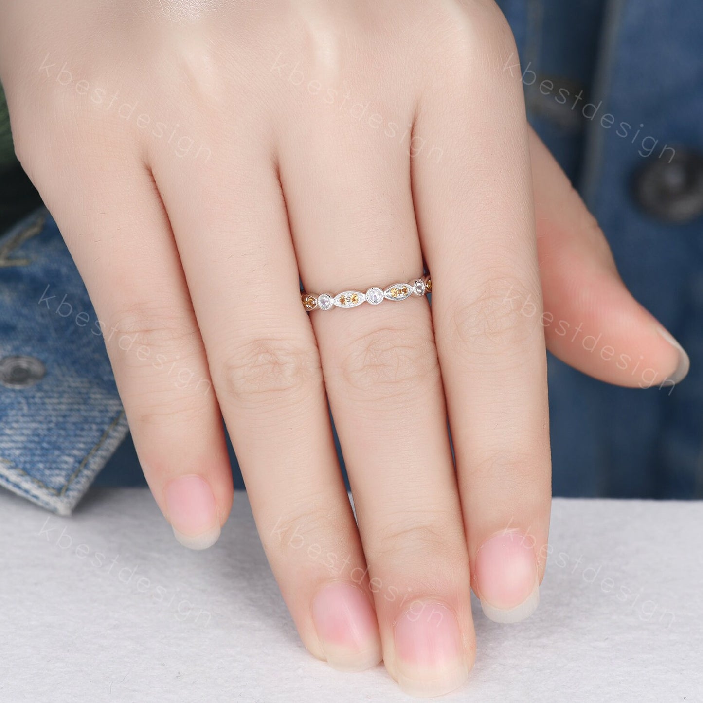 Art deco Eternity Citrine Moonstone Wedding Band Unique Silver Stacking Band Vintage Birthstone Ring Promise Anniversary Ring Personalized