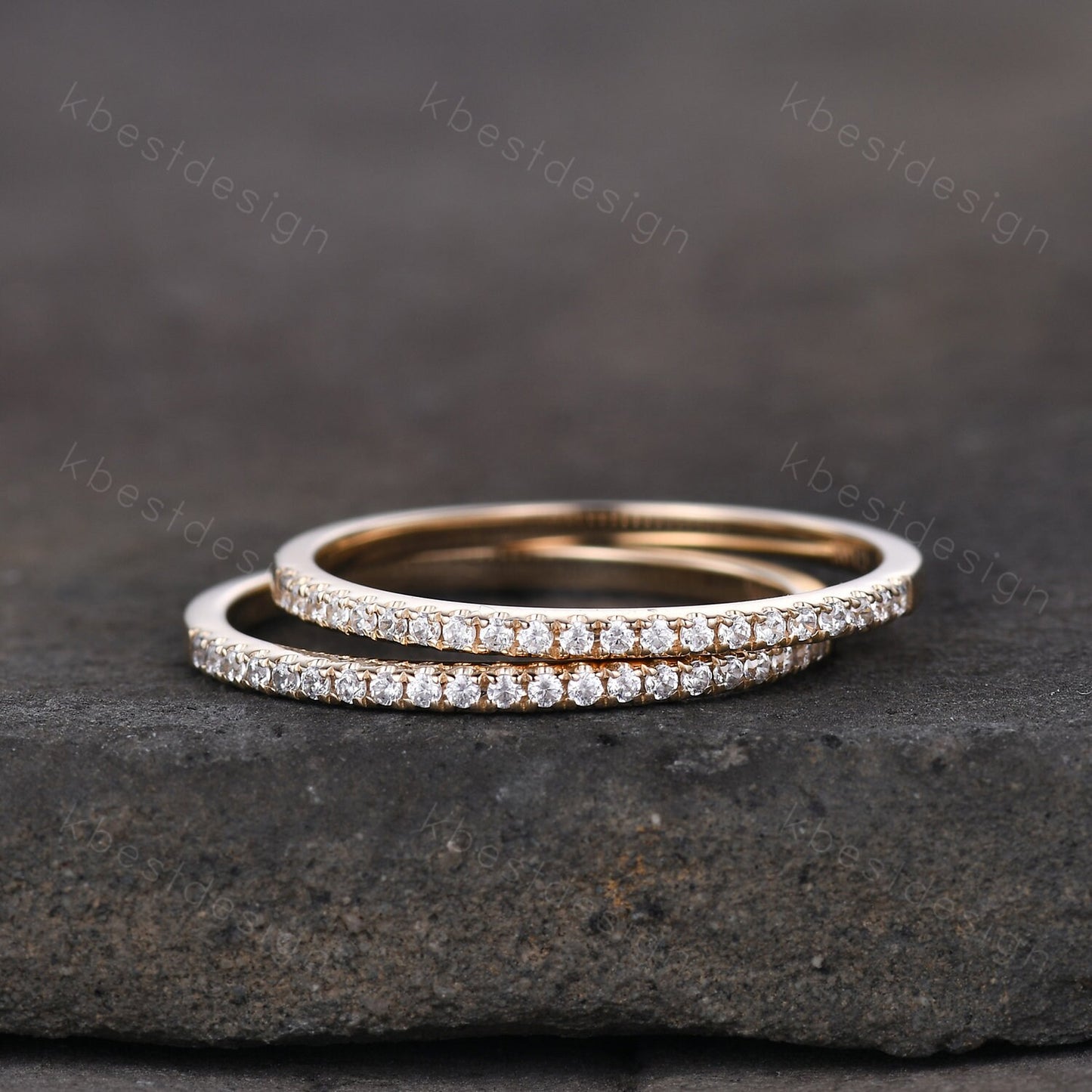 Unique Moissanite wedding band set women half eternity band 14k solid yellow gold minimalist Stacking ring dainty bridal promise ring