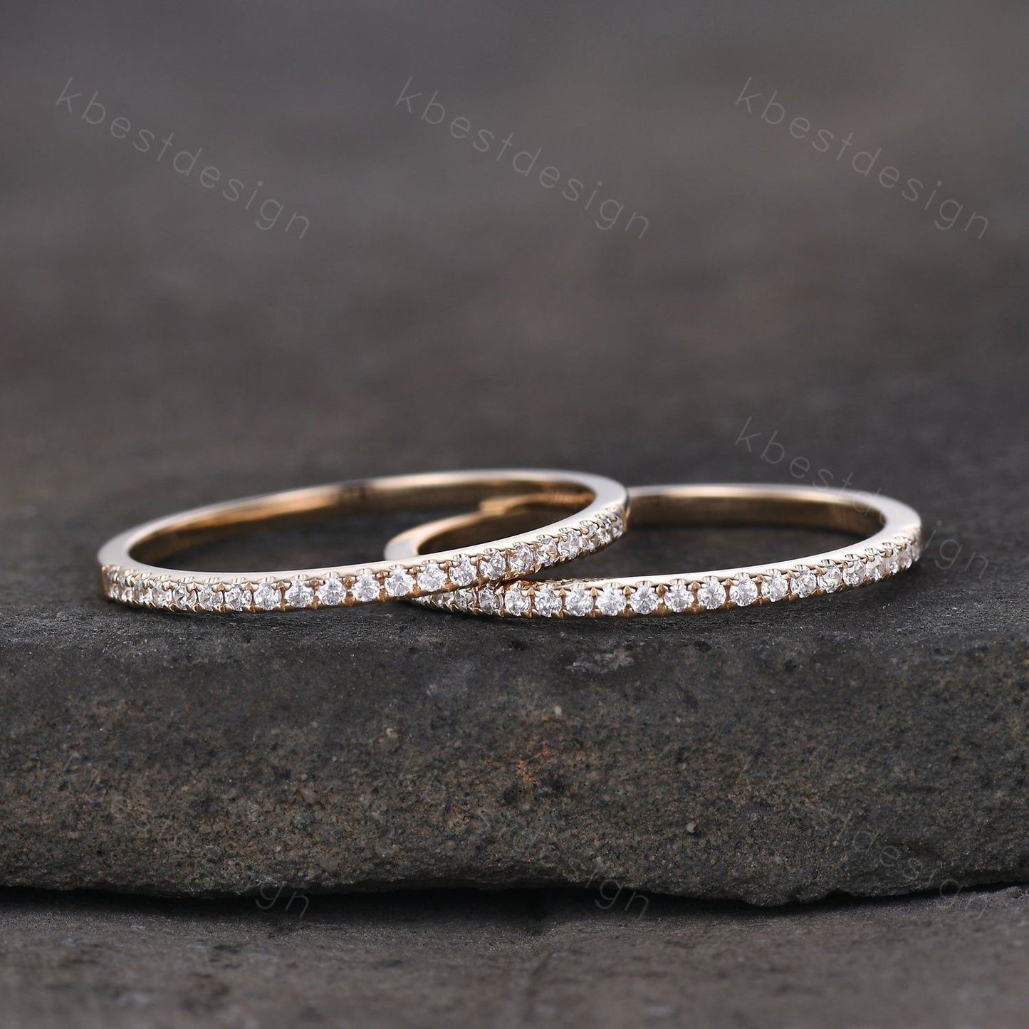 Unique Moissanite wedding band set women half eternity band 14k solid yellow gold minimalist Stacking ring dainty bridal promise ring