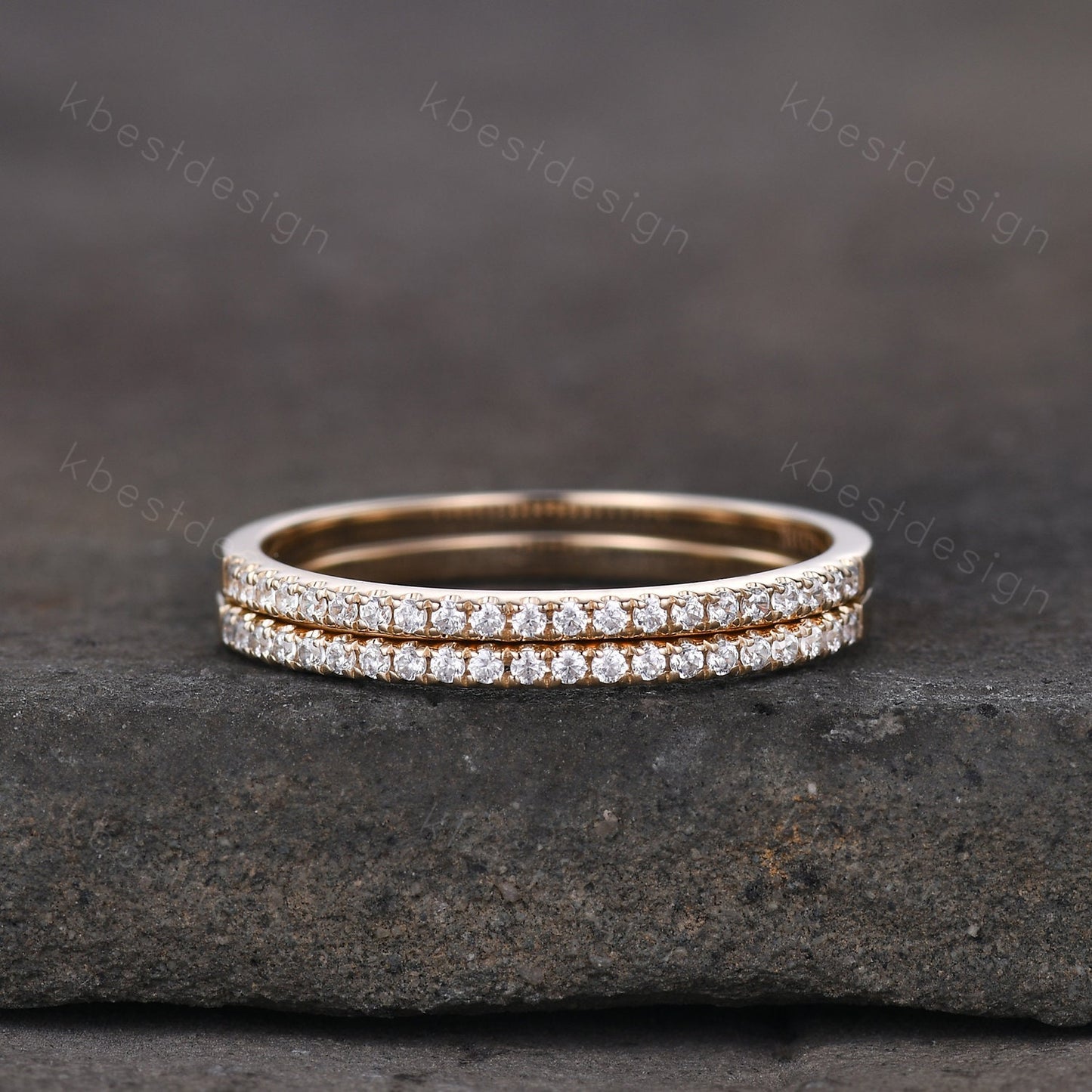 Unique Moissanite wedding band set women half eternity band 14k solid yellow gold minimalist Stacking ring dainty bridal promise ring