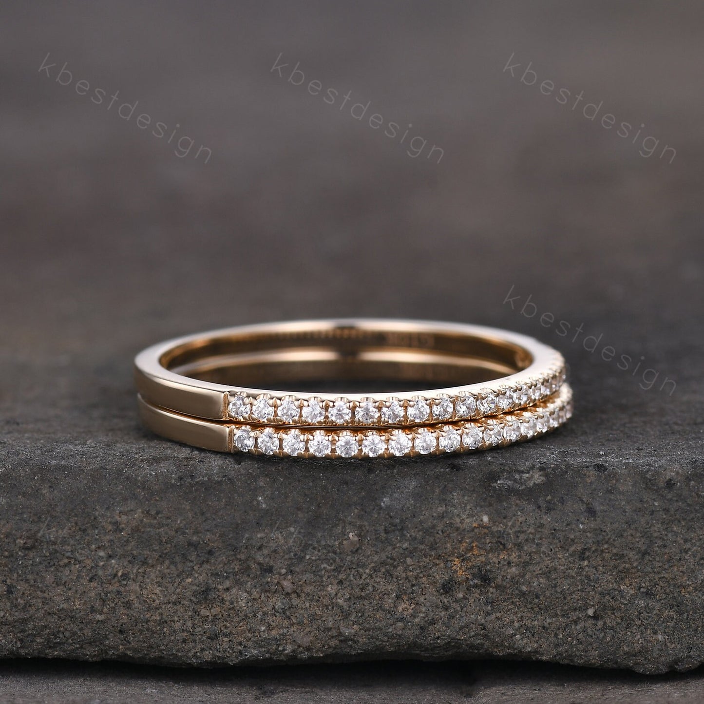 Unique Moissanite wedding band set women half eternity band 14k solid yellow gold minimalist Stacking ring dainty bridal promise ring